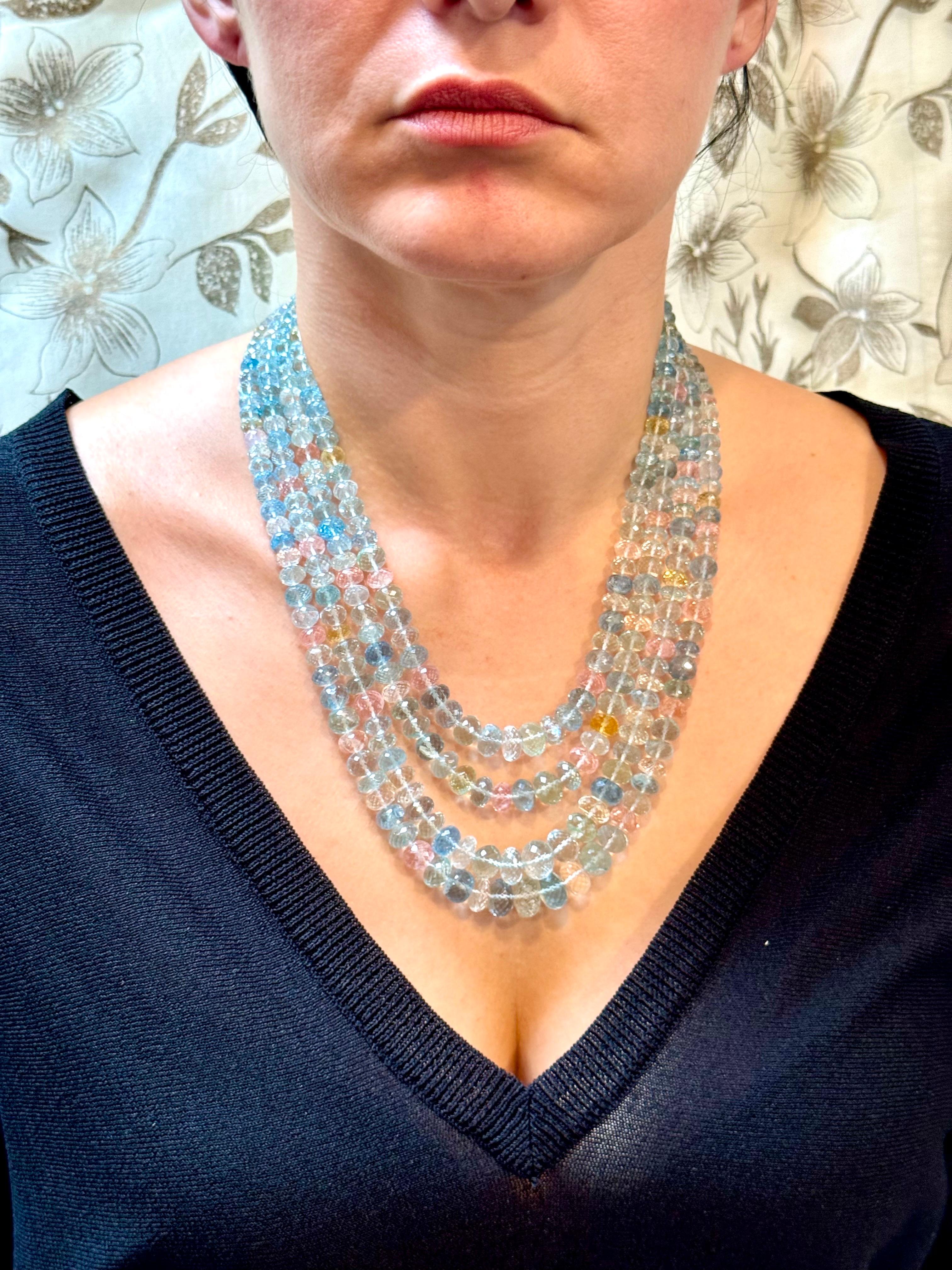 1000 Carat Natural Fine  Aquamarine Bead Necklace, Four Strand in Metal Clasp For Sale 11