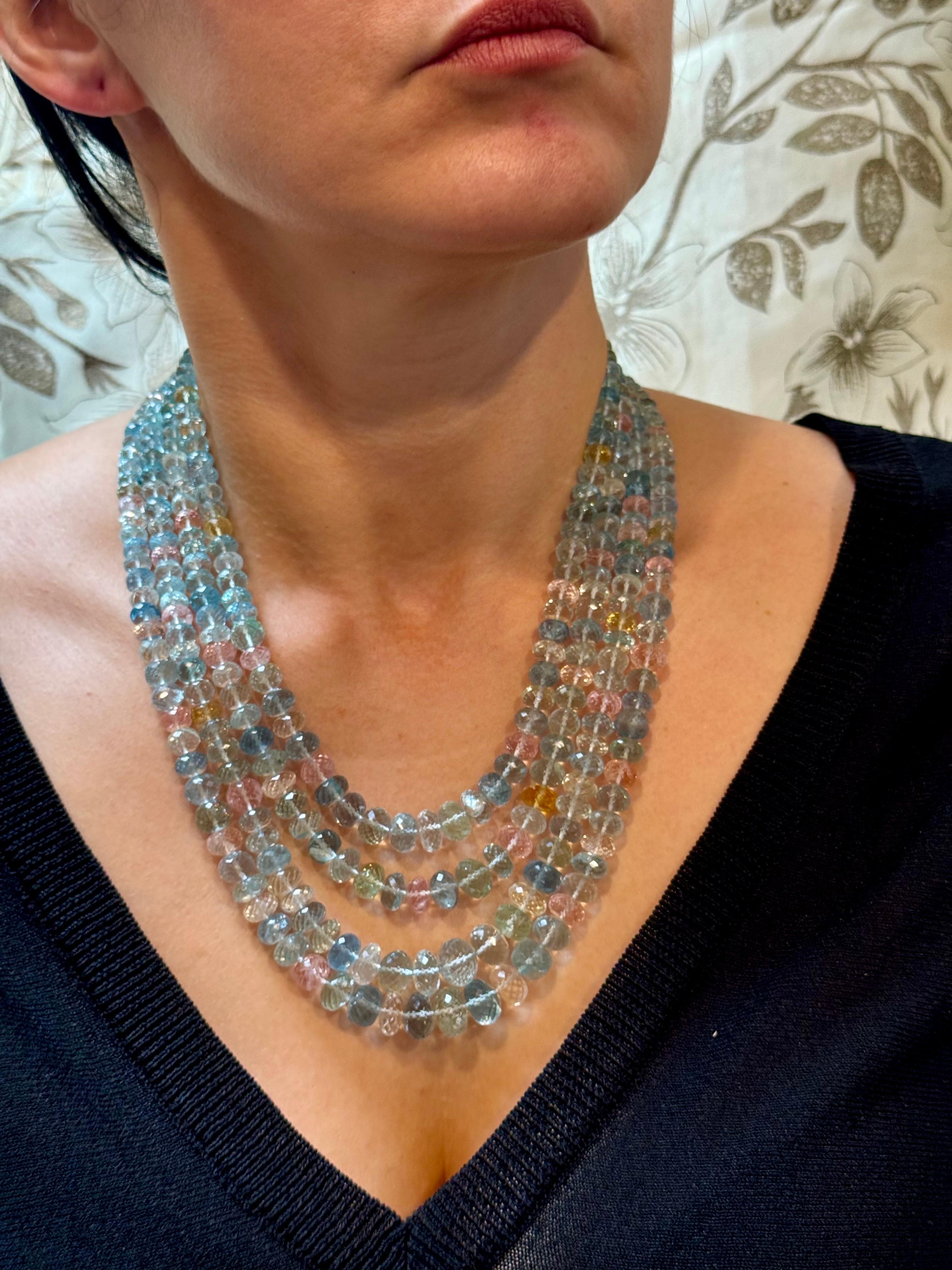 1000 Carat Natural Fine  Aquamarine Bead Necklace, Four Strand in Metal Clasp For Sale 13
