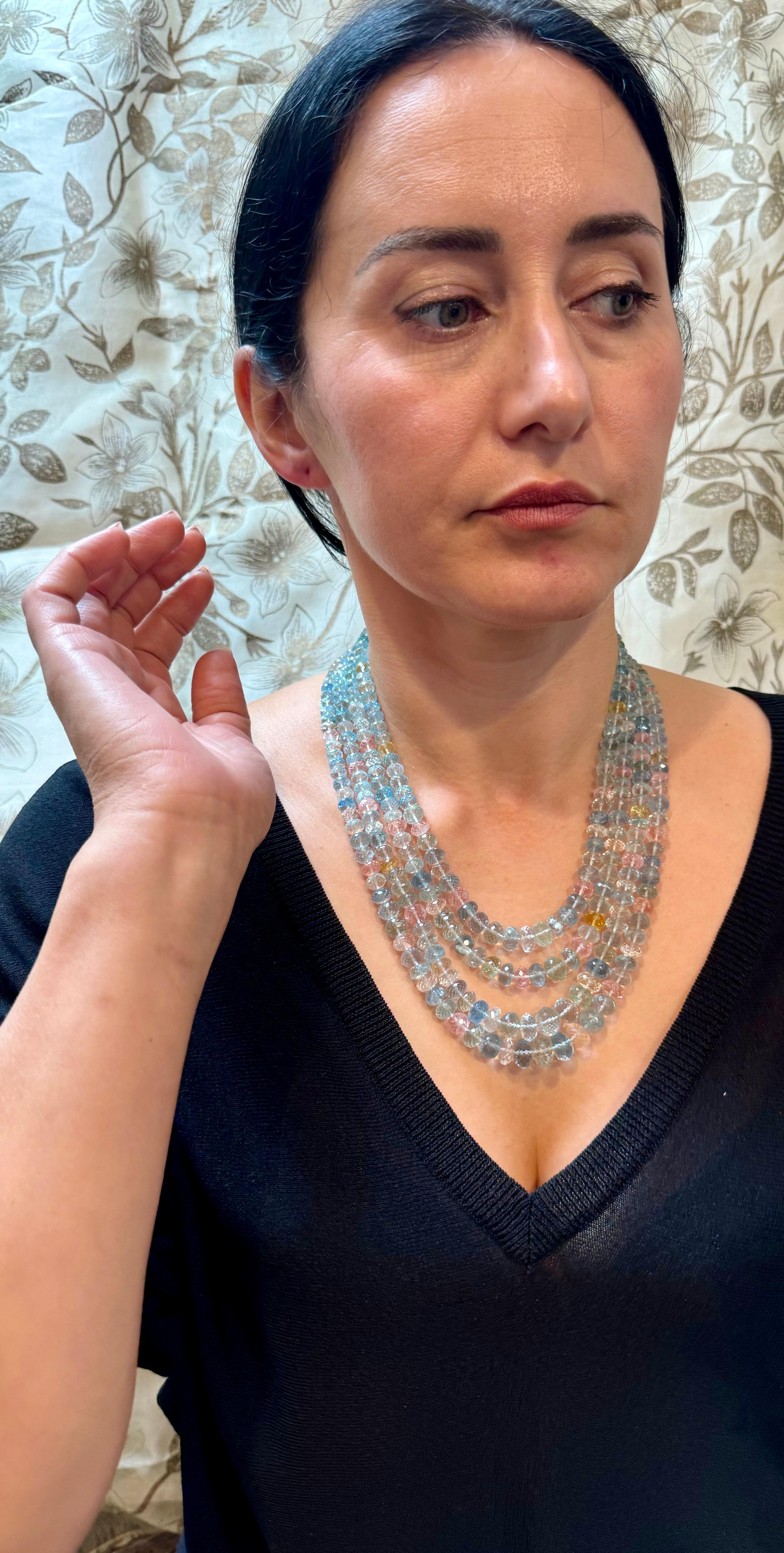 1000 Carat Natural Fine  Aquamarine Bead Necklace, Four Strand in Metal Clasp For Sale 14