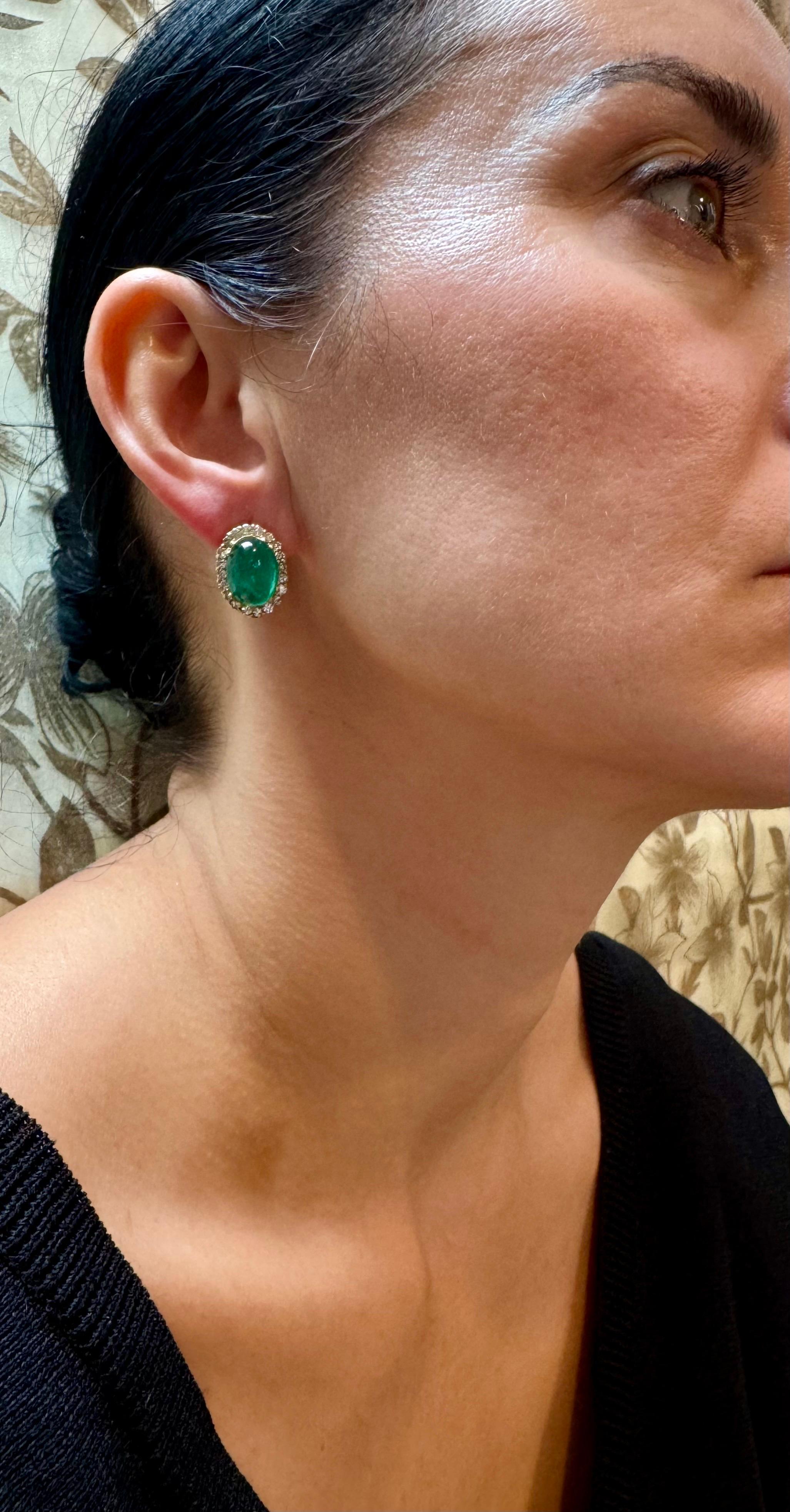 10 Ct Natural Emerald Zambian Cabochon & 2 Ct Diamond Stud Earring 14 KY Gold For Sale 9