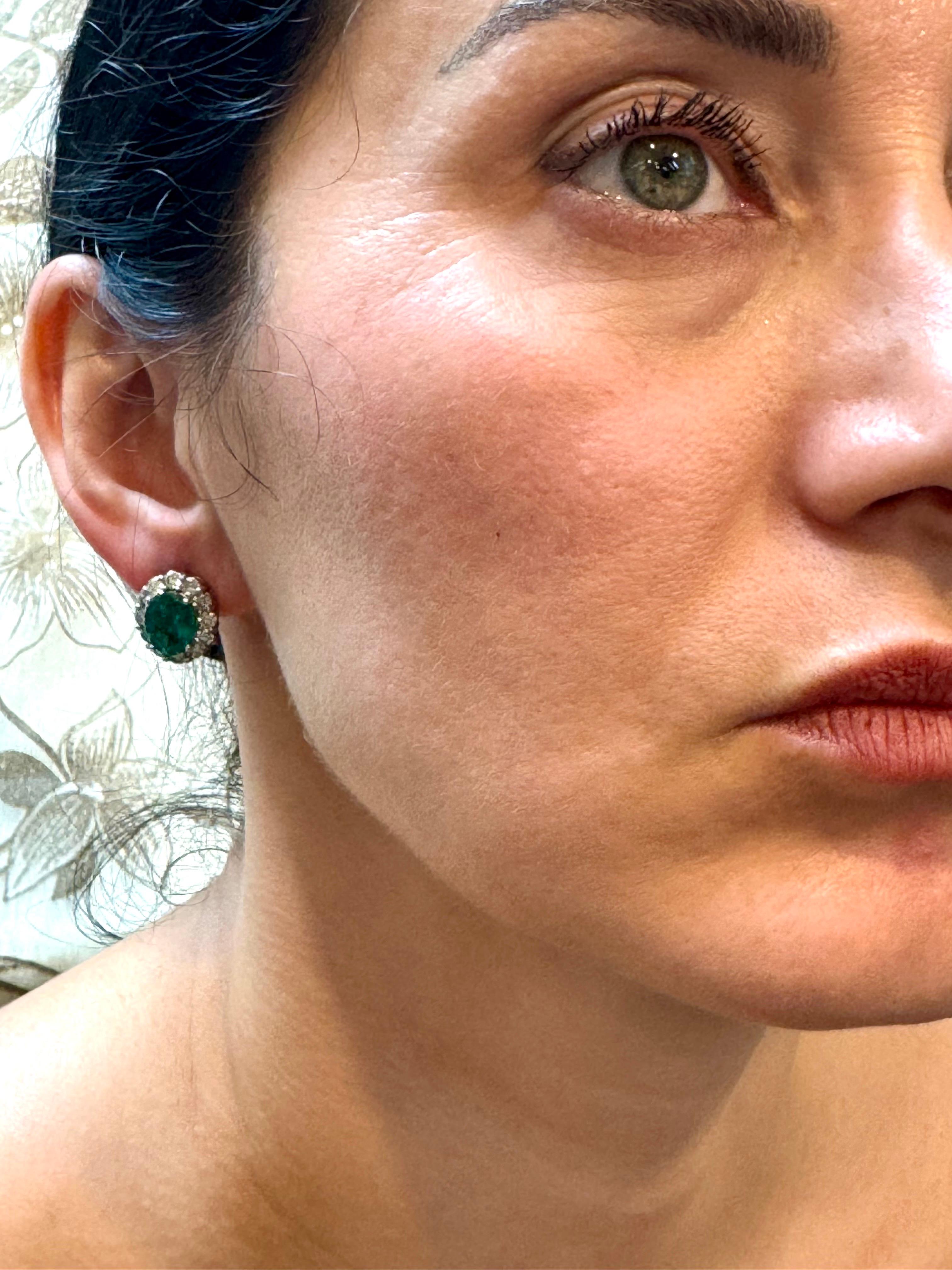 6 Carat Oval Shape Emerald & 2 Ct Diamond Post Back Earrings 14 Karat White Gold For Sale 10