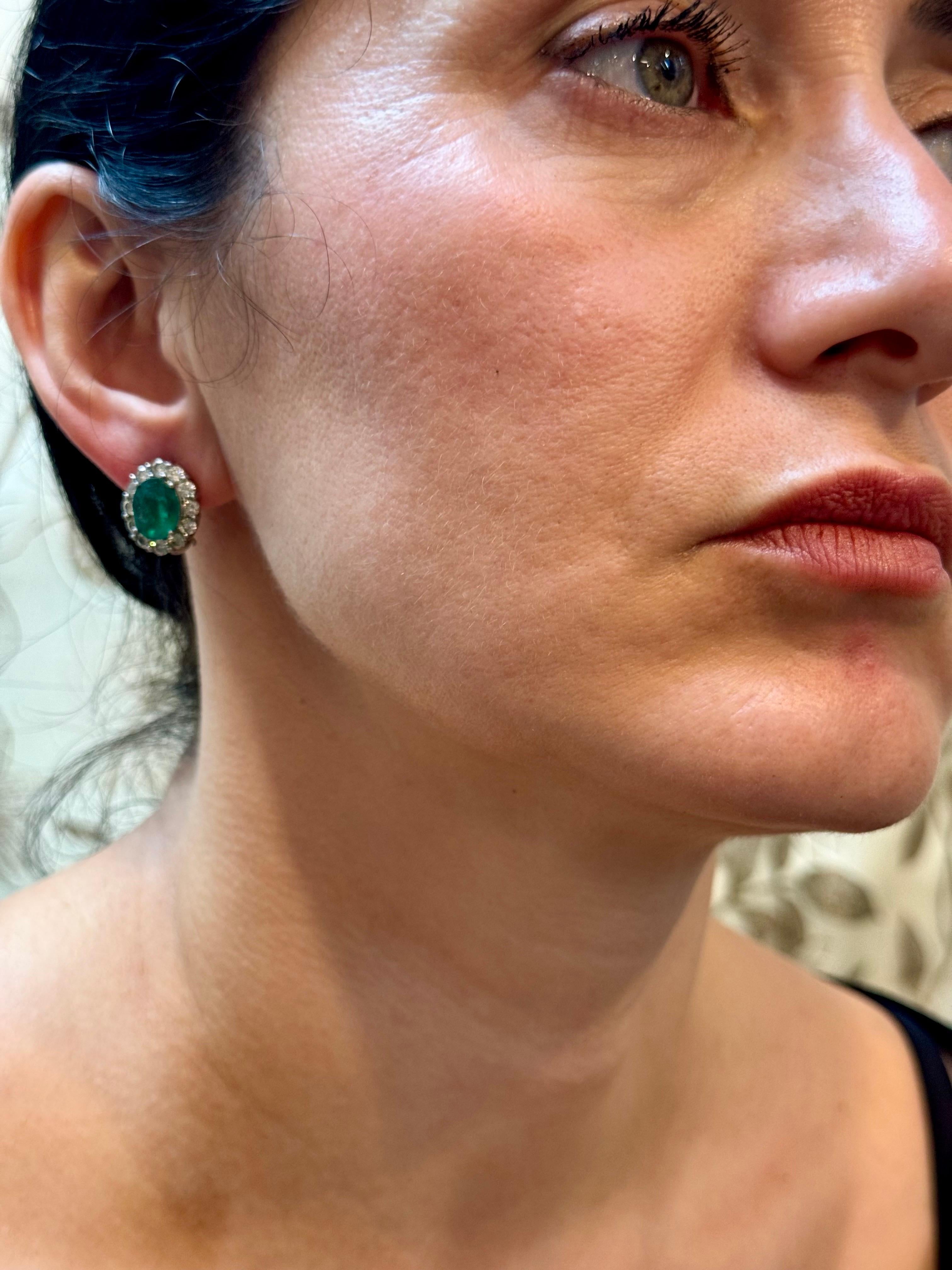 6 Carat Oval Shape Emerald & 2 Ct Diamond Post Back Earrings 14 Karat White Gold For Sale 11