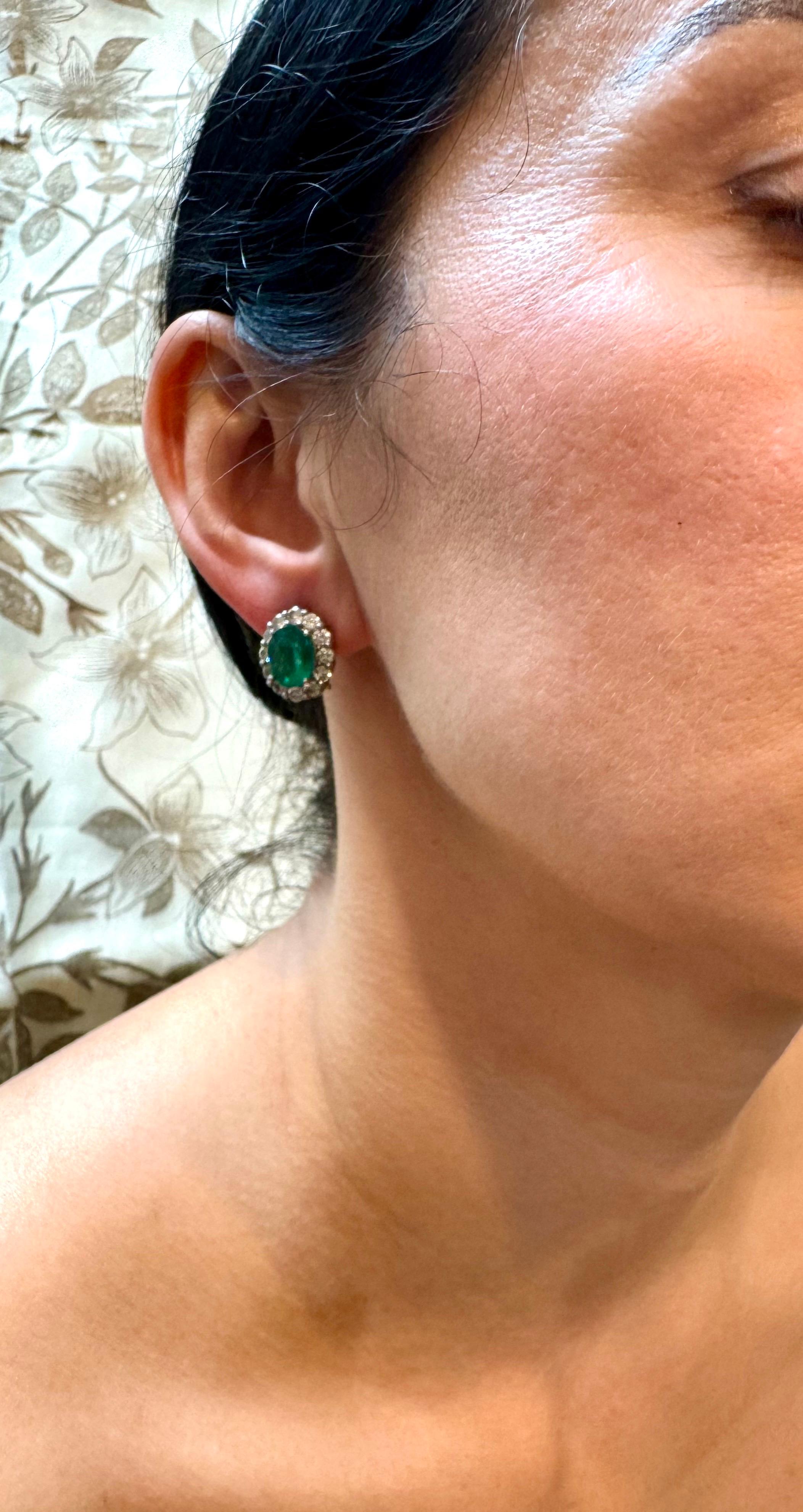 6 Carat Oval Shape Emerald & 2 Ct Diamond Post Back Earrings 14 Karat White Gold For Sale 12