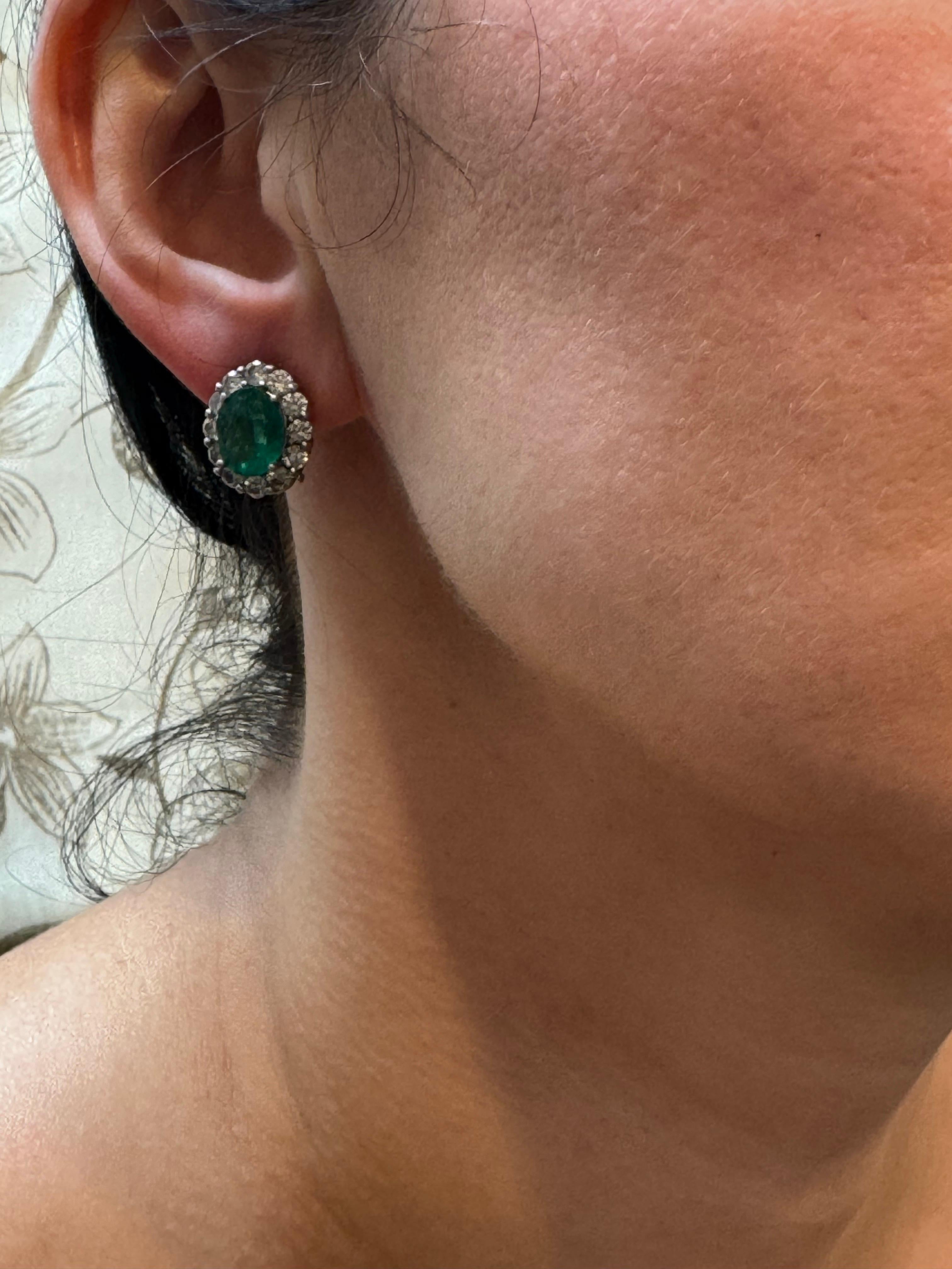6 Carat Oval Shape Emerald & 2 Ct Diamond Post Back Earrings 14 Karat White Gold For Sale 13