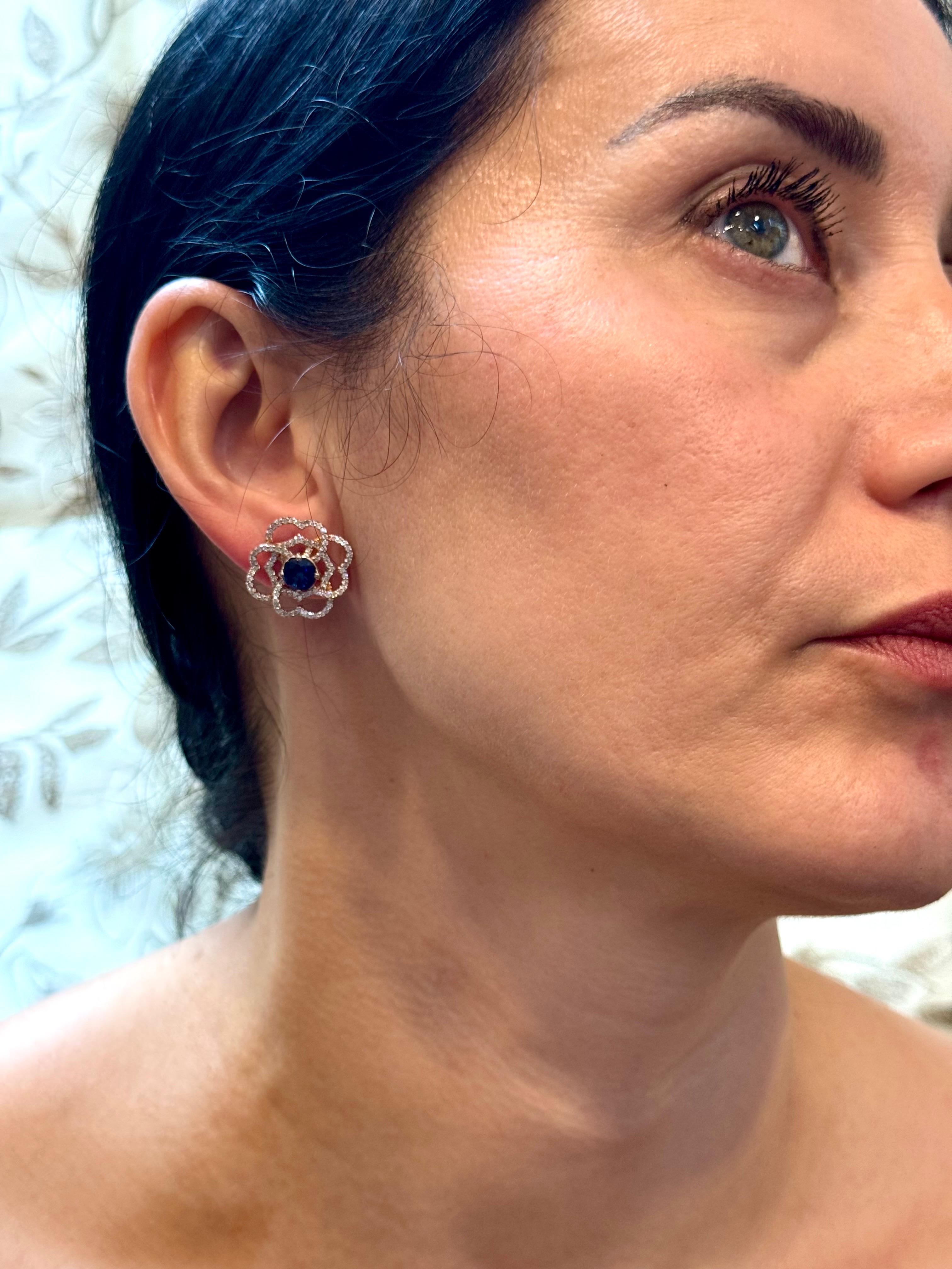 1 Carat Each Sapphire Diamond Flower/Cluster Earring 14 Karat Rose Gold For Sale 10