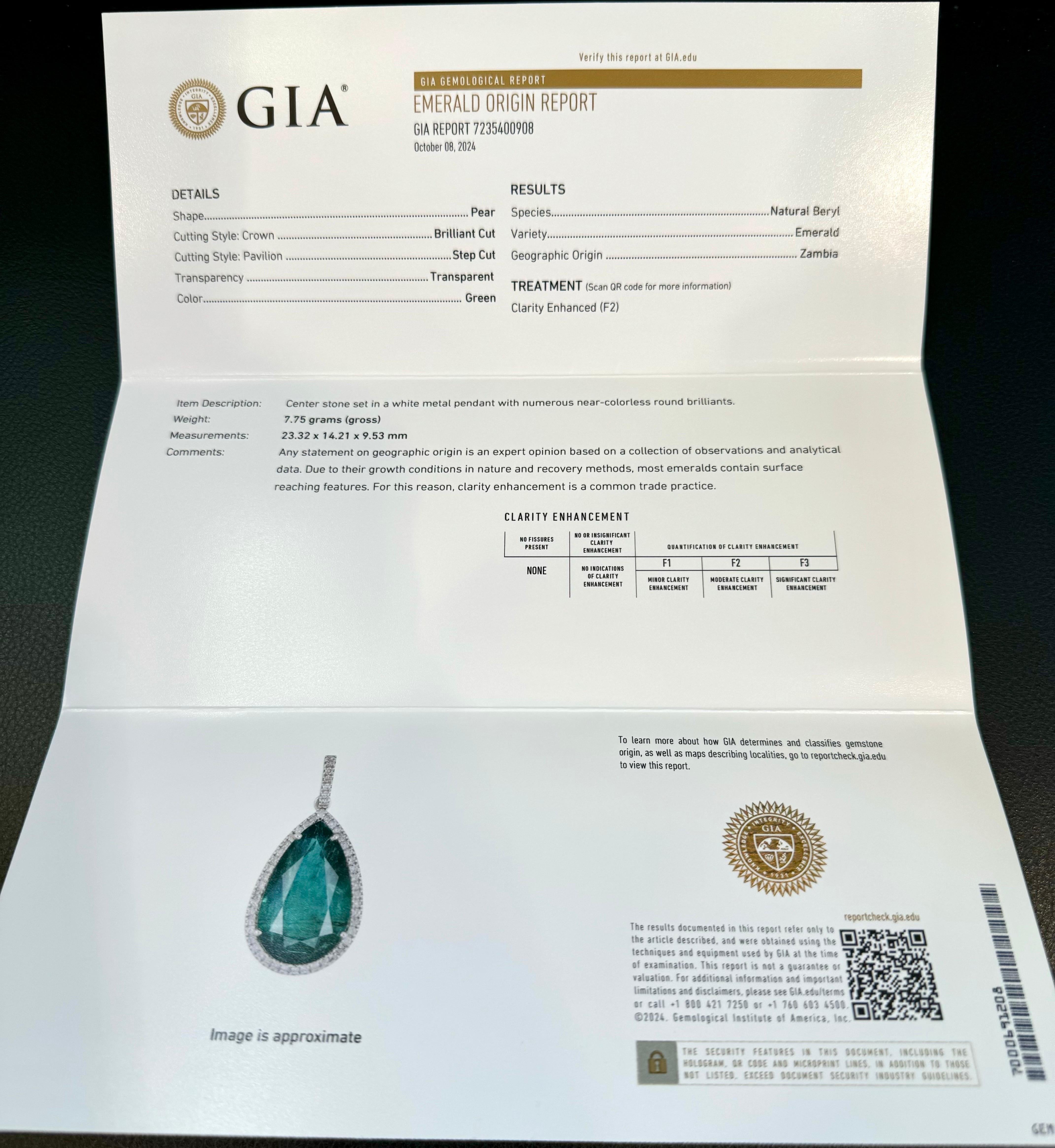 GIA Certified 19 Ct Pear Cut Emerald & 1 Ct Diamond Halo Pendent/Necklace 14 KWG For Sale 15
