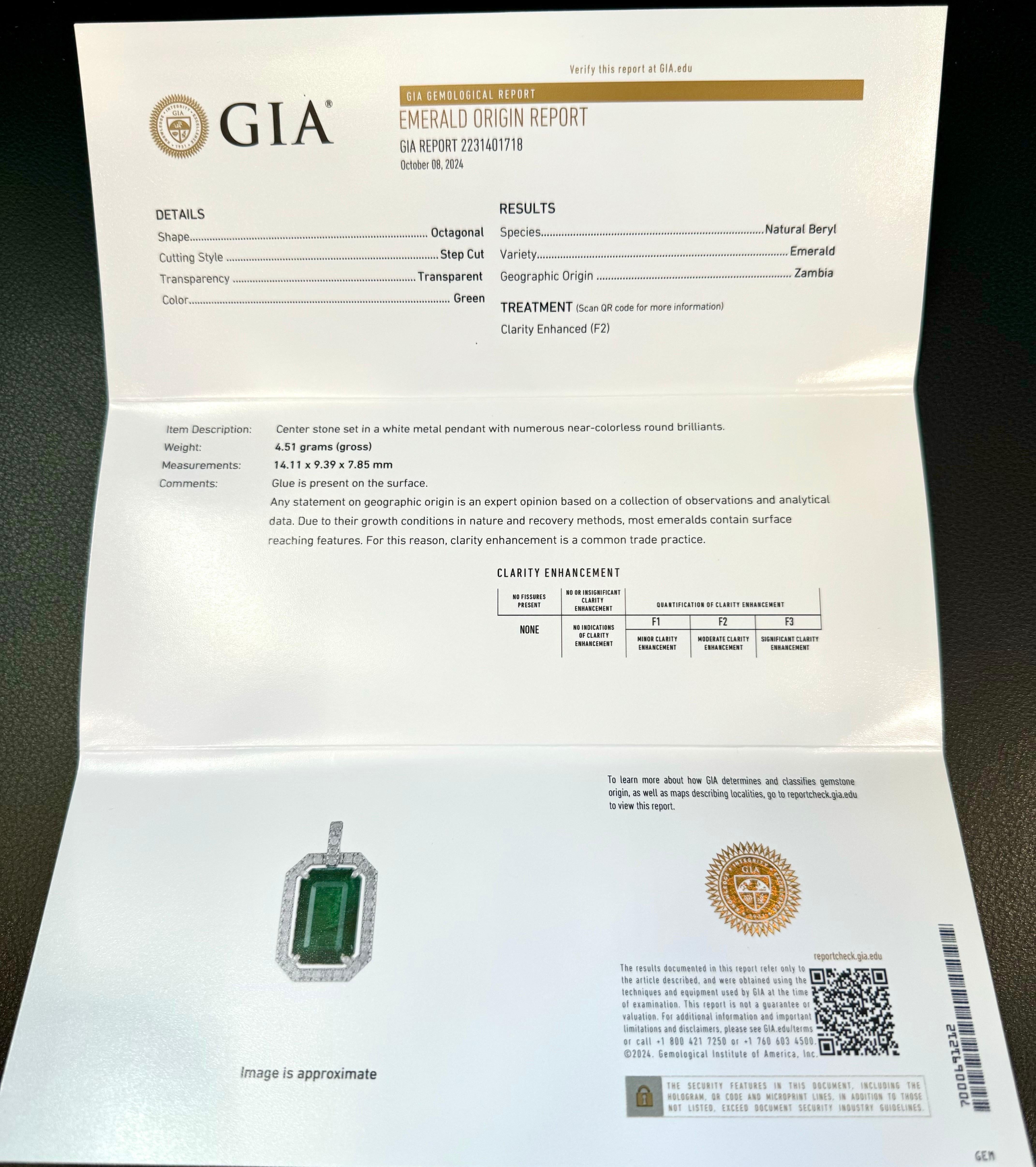 GIA Certified 8 Ct Natural Emerald Cut Emerald & Diamond  Pendant, 14KWG Chain For Sale 11