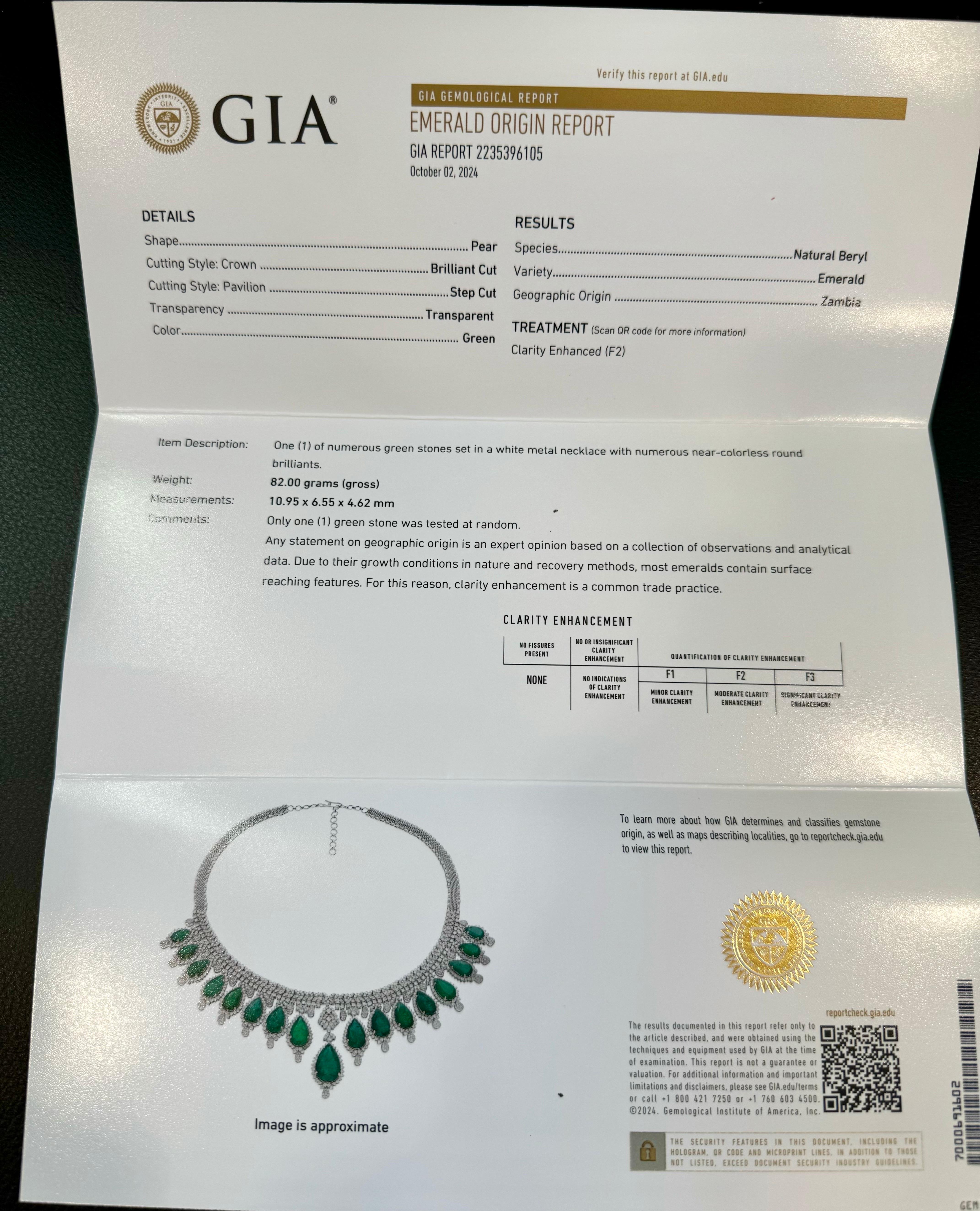 GIA Certified 73ct Zambian Emerald & 22ct Diamond Necklace  Earring Bridal Suite For Sale 9