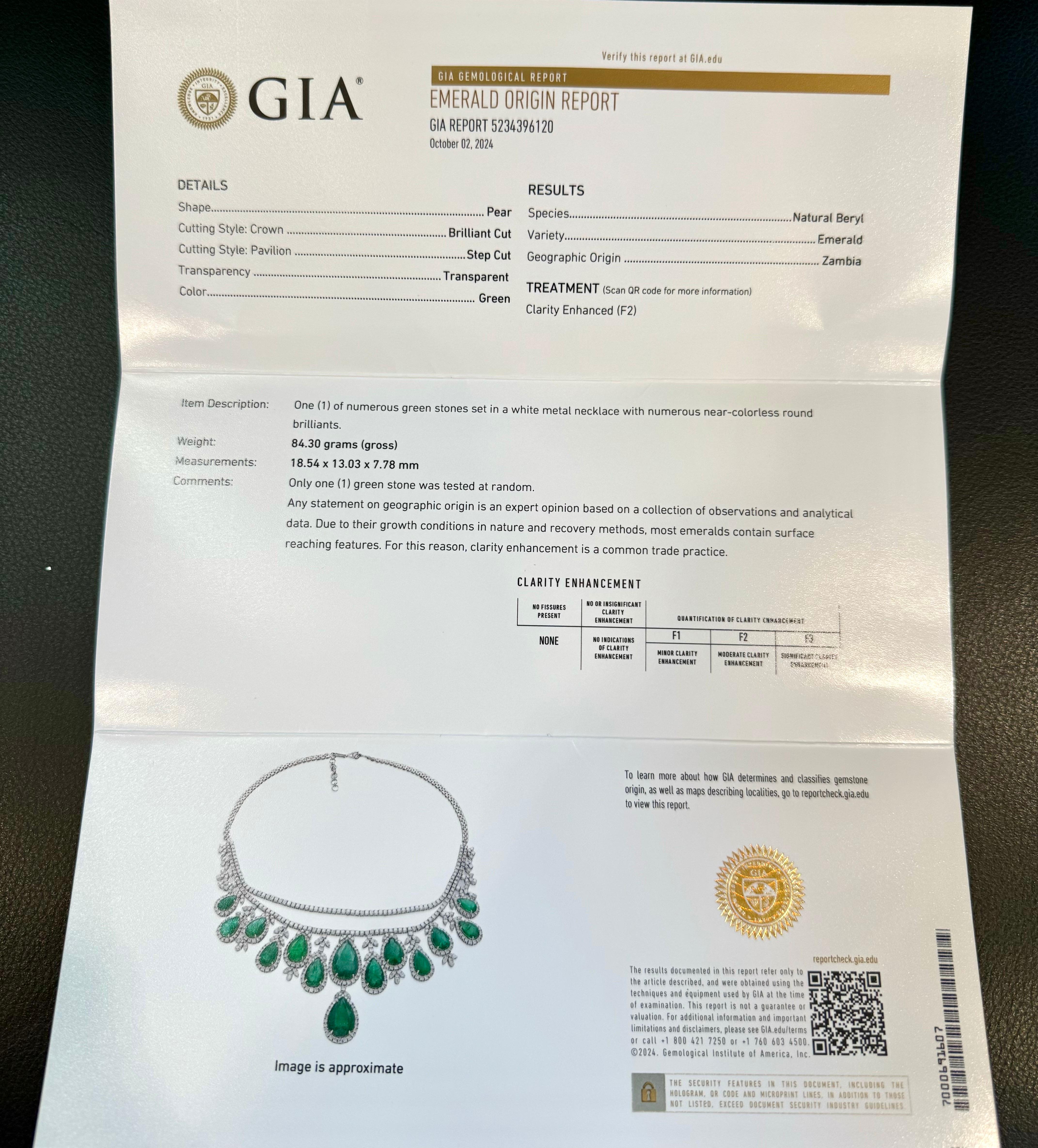 GIA Certified 75 Ct Zambian Emerald & 30Ct Diamond Necklace Earring Bridal Suite en vente 15