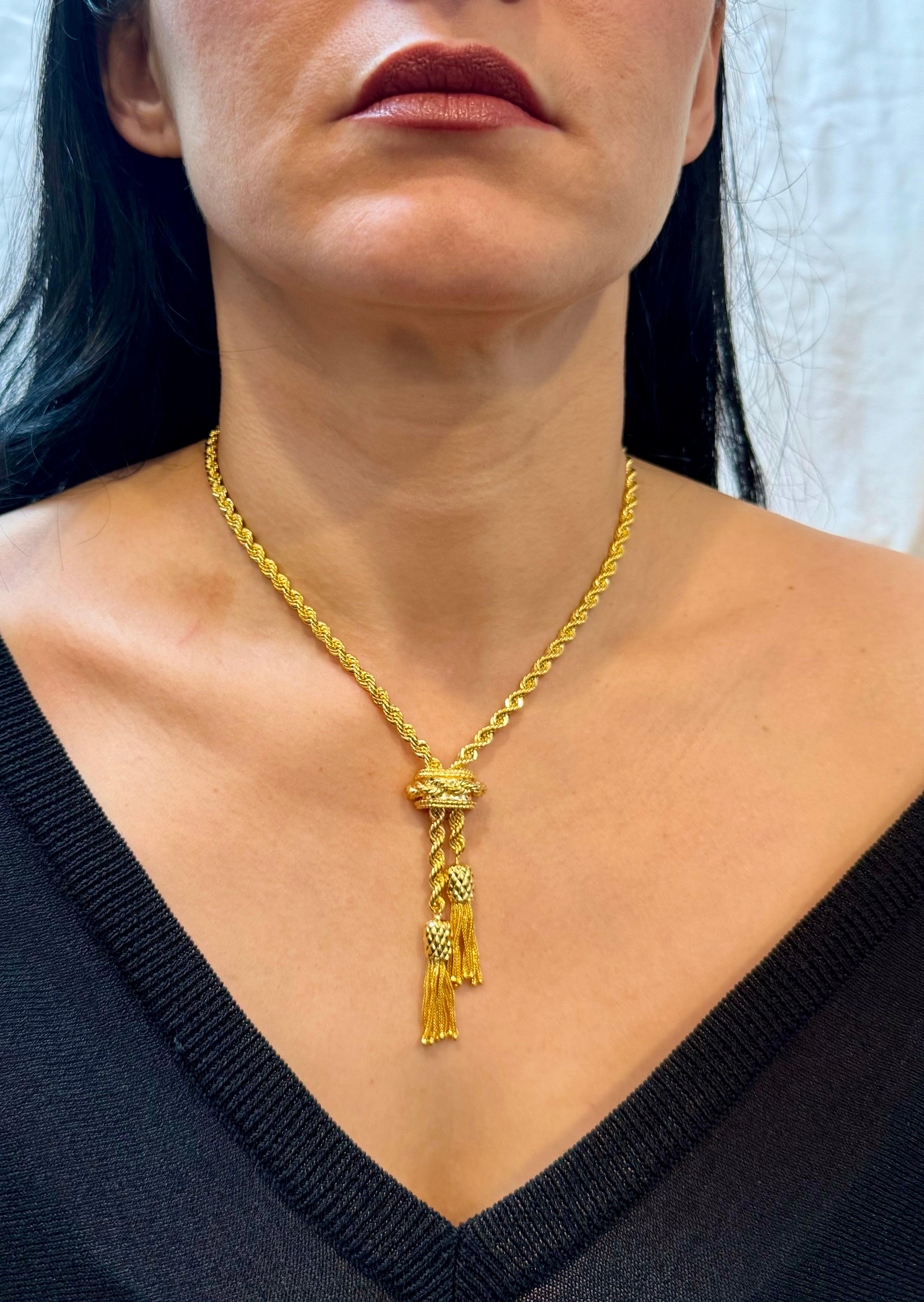 Collana a Y in oro giallo massiccio 14k, regolabile, con cordoncino e fermaglio, 53G in vendita 15