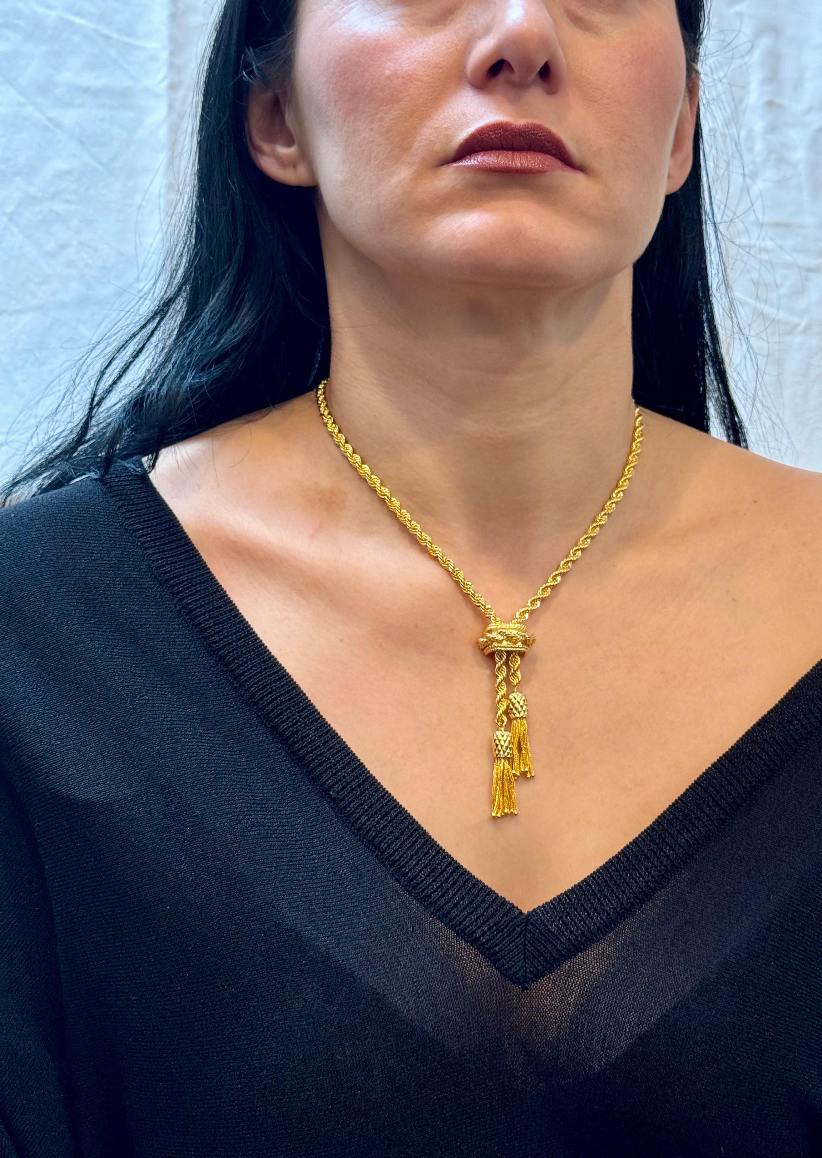 Collana a Y in oro giallo massiccio 14k, regolabile, con cordoncino e fermaglio, 53G in vendita 14