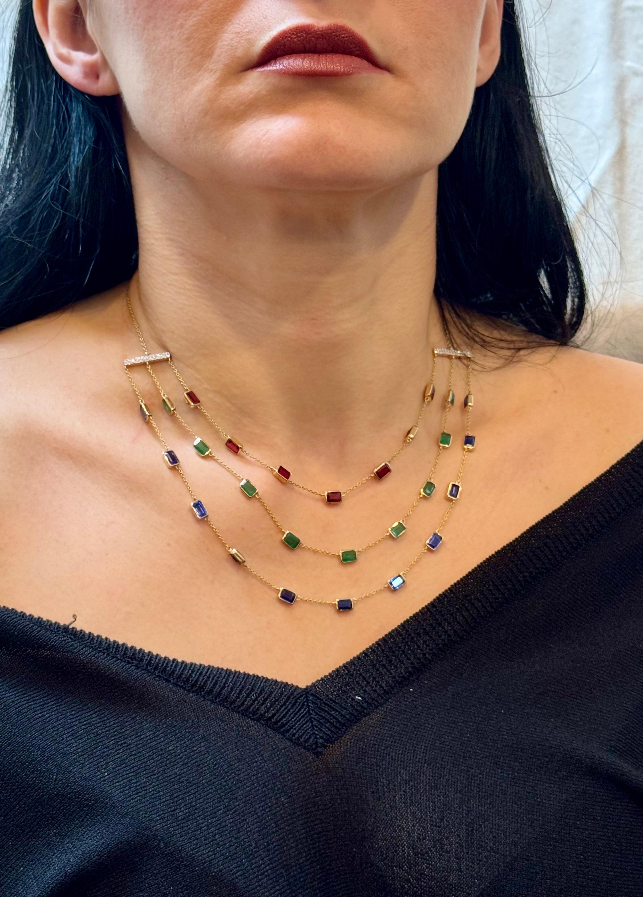 Three Layer Necklace With Emerald , Ruby & Kyanite with Diamond Bar, 14 KYG 15Gm For Sale 8