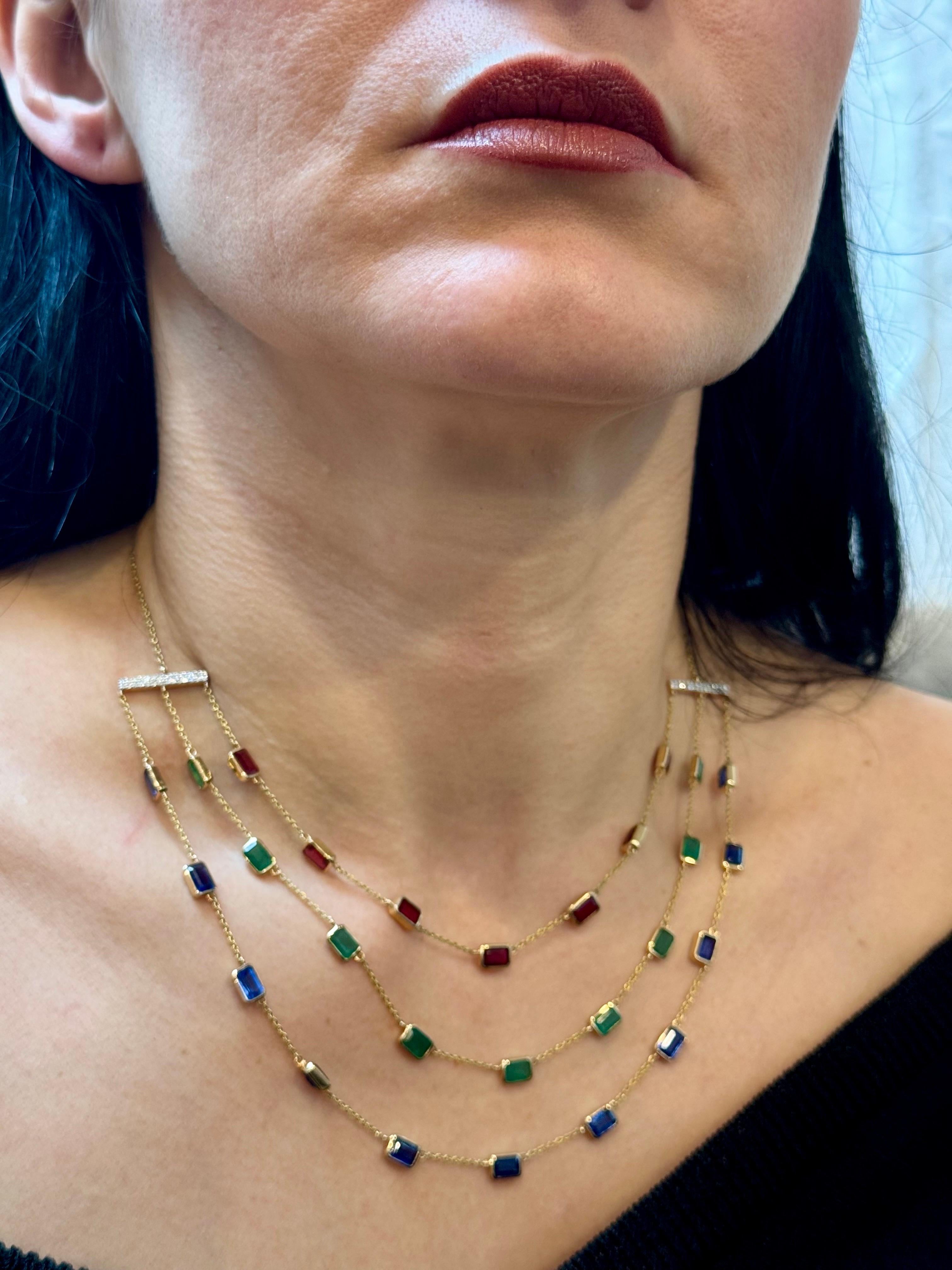 Three Layer Necklace With Emerald , Ruby & Kyanite with Diamond Bar, 14 KYG 15Gm For Sale 7