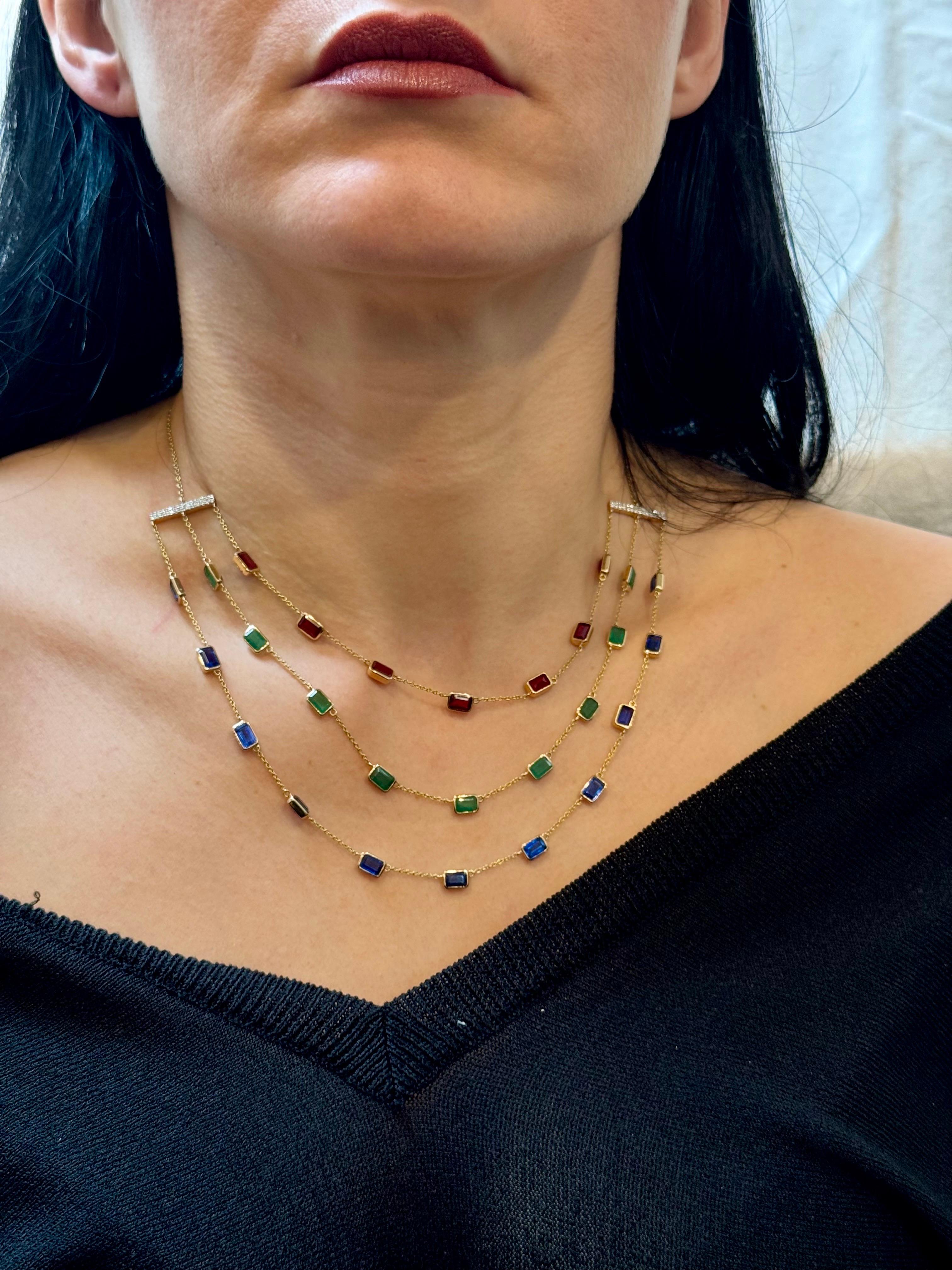 Three Layer Necklace With Emerald , Ruby & Kyanite with Diamond Bar, 14 KYG 15Gm For Sale 9