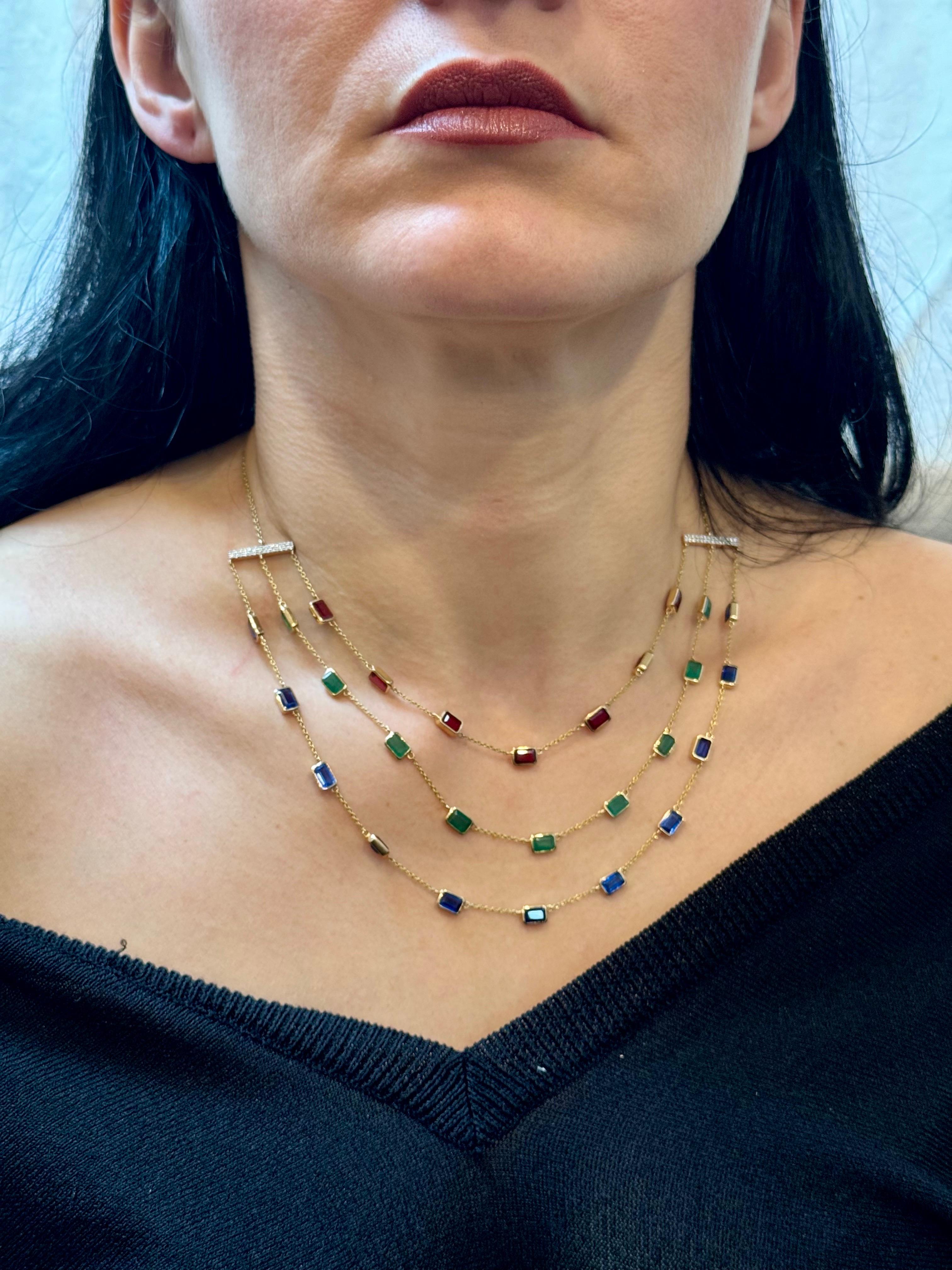 Three Layer Necklace With Emerald , Ruby & Kyanite with Diamond Bar, 14 KYG 15Gm For Sale 10