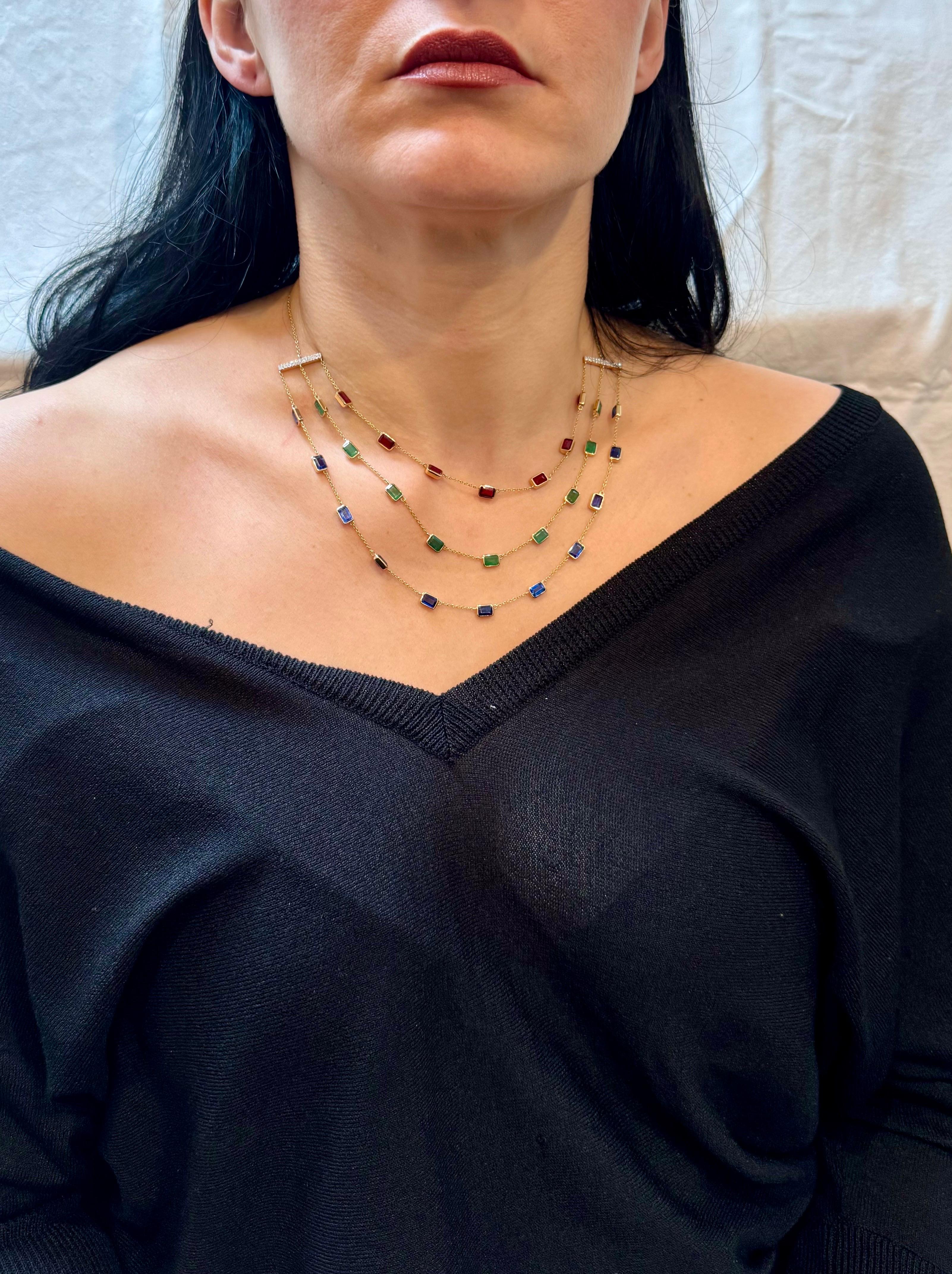 Three Layer Necklace With Emerald , Ruby & Kyanite with Diamond Bar, 14 KYG 15Gm For Sale 11