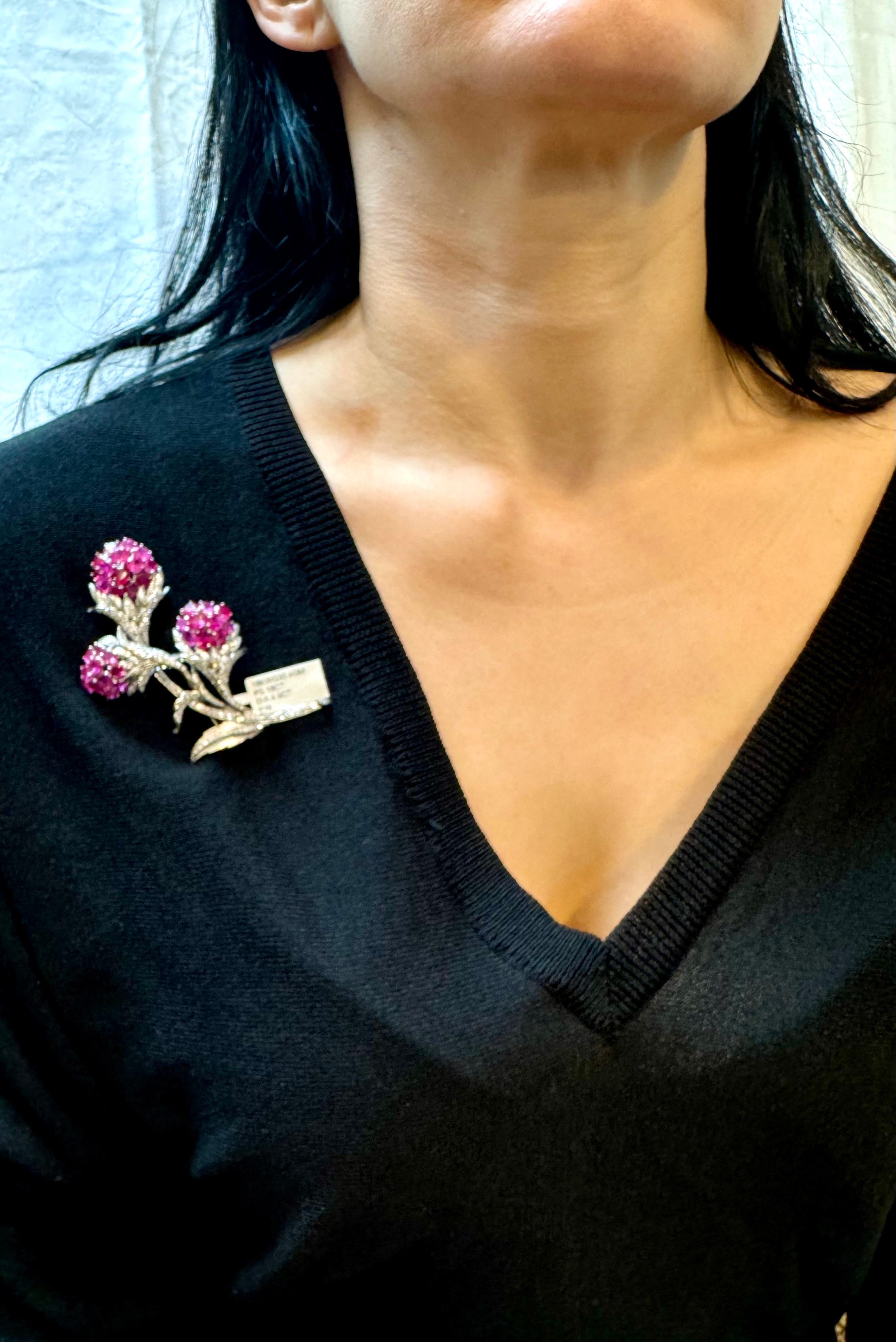 Vintage 14 Kt White Gold Diamond & 18 Ct Pink Sapp Floral Bouquet Broach 30.4 GM For Sale 8
