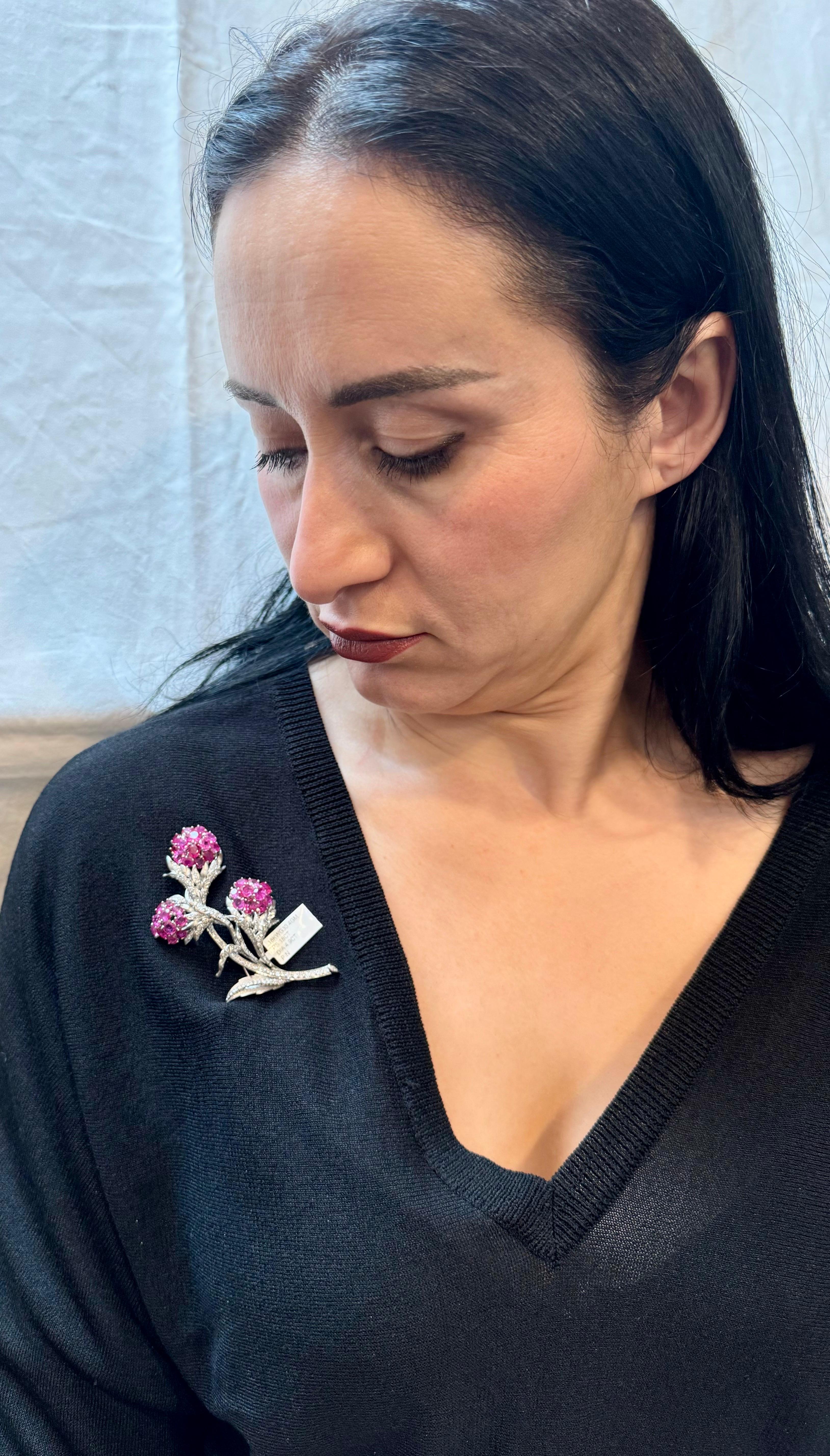 Vintage 14 Kt White Gold Diamond & 18 Ct Pink Sapp Floral Bouquet Broach 30.4 GM For Sale 11