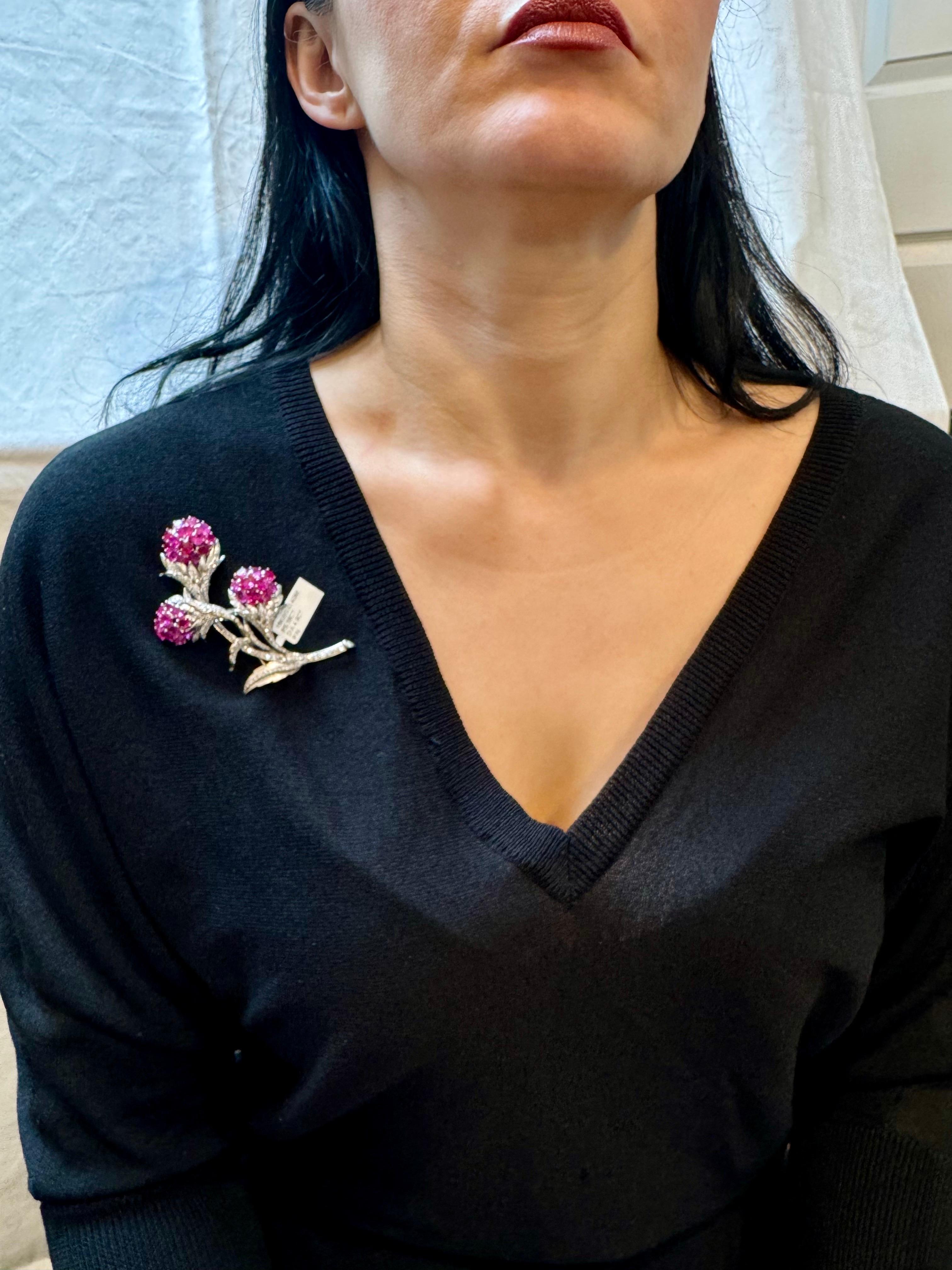 Vintage 14 Kt White Gold Diamond & 18 Ct Pink Sapp Floral Bouquet Broach 30.4 GM For Sale 10