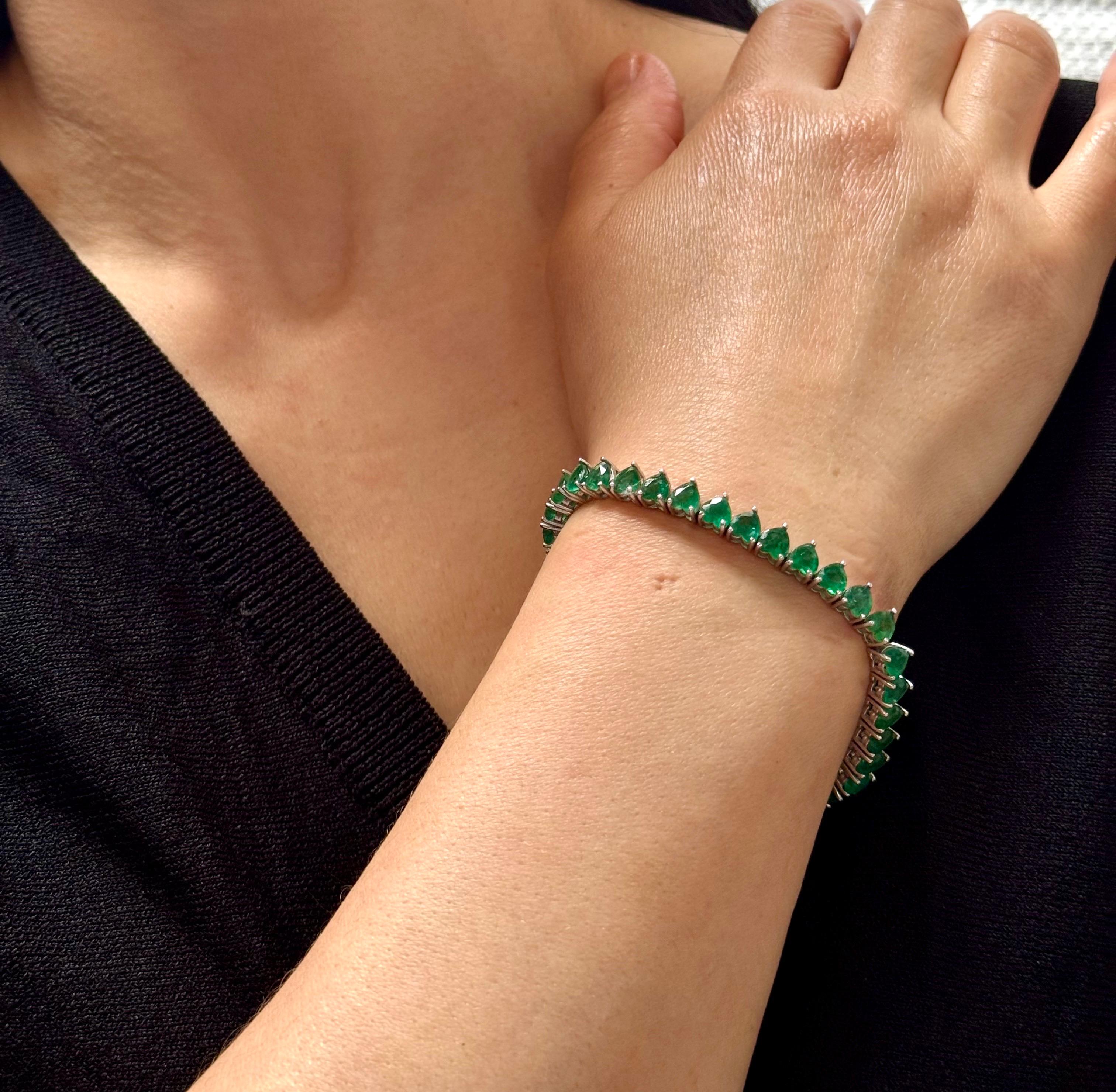30 Ct Natural Heart Shape Emerald Cocktail Tennis Bracelet 14 Kt White Gold 7