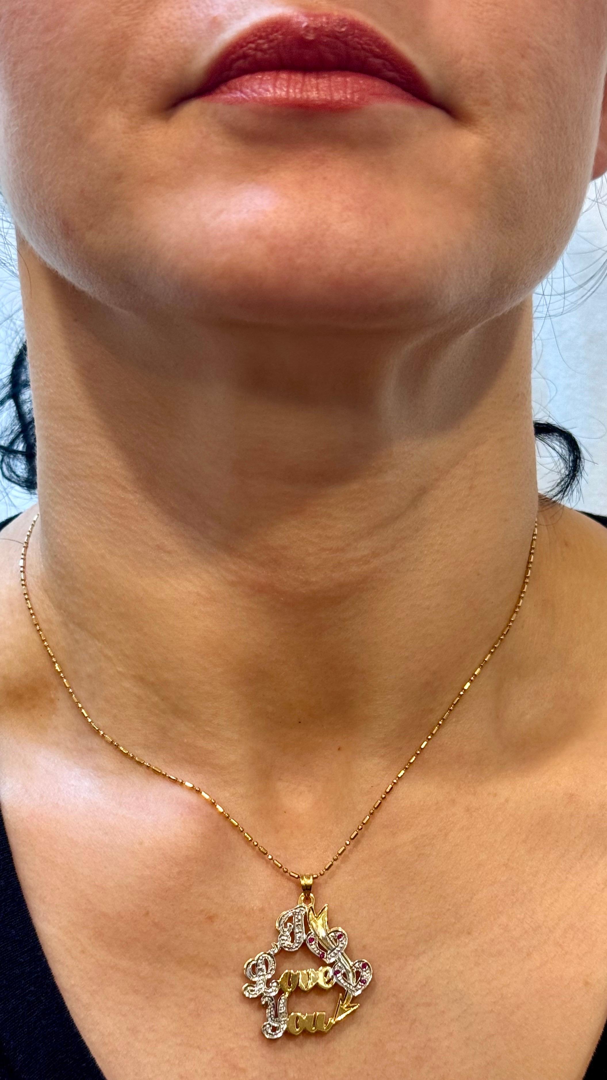 Vintage Ich liebe dich  Anhänger mit Rubin in 14 K Gelbgold Kette, 16