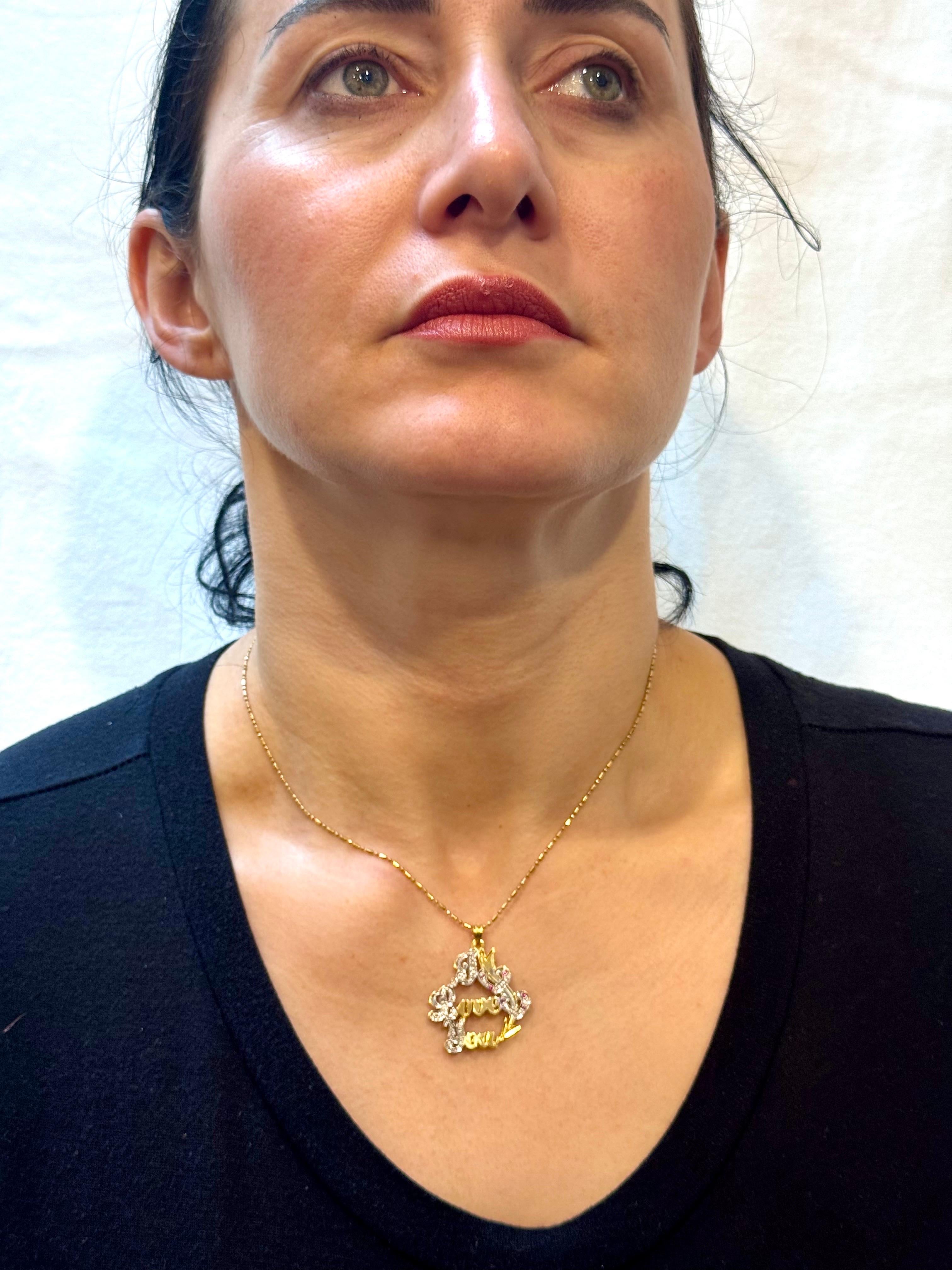 Vintage Ich liebe dich  Anhänger mit Rubin in 14 K Gelbgold Kette, 16