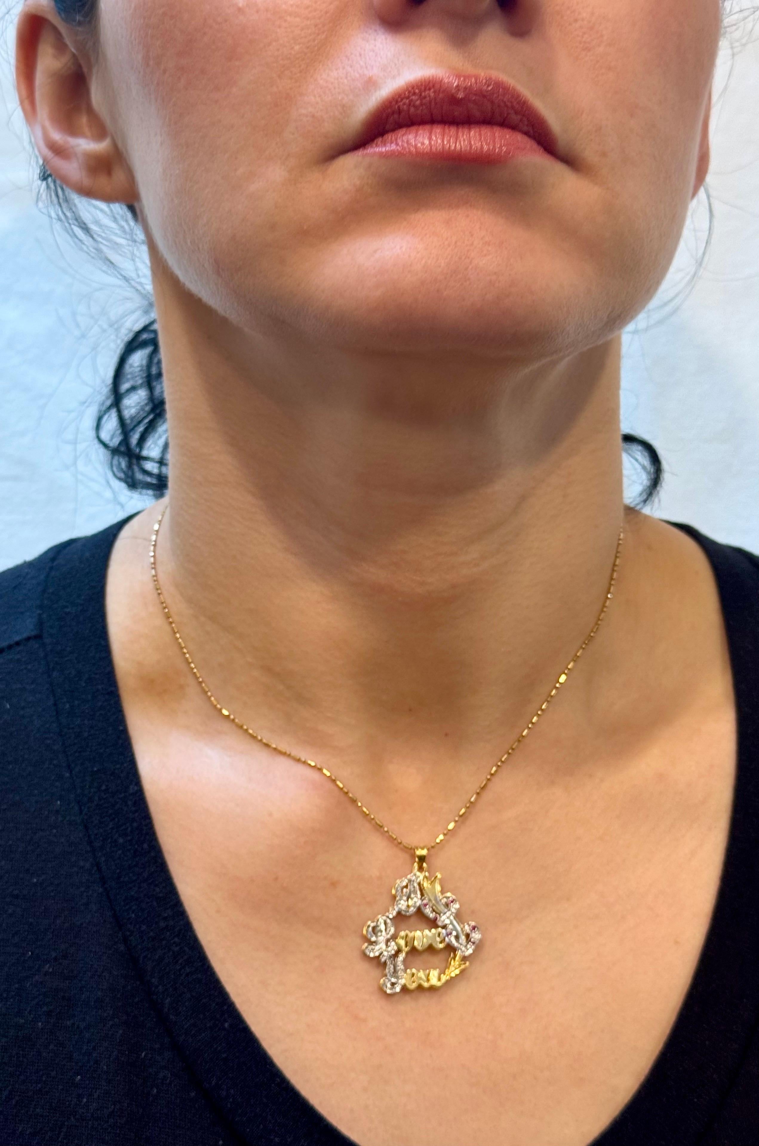 Vintage Ich liebe dich  Anhänger mit Rubin in 14 K Gelbgold Kette, 16