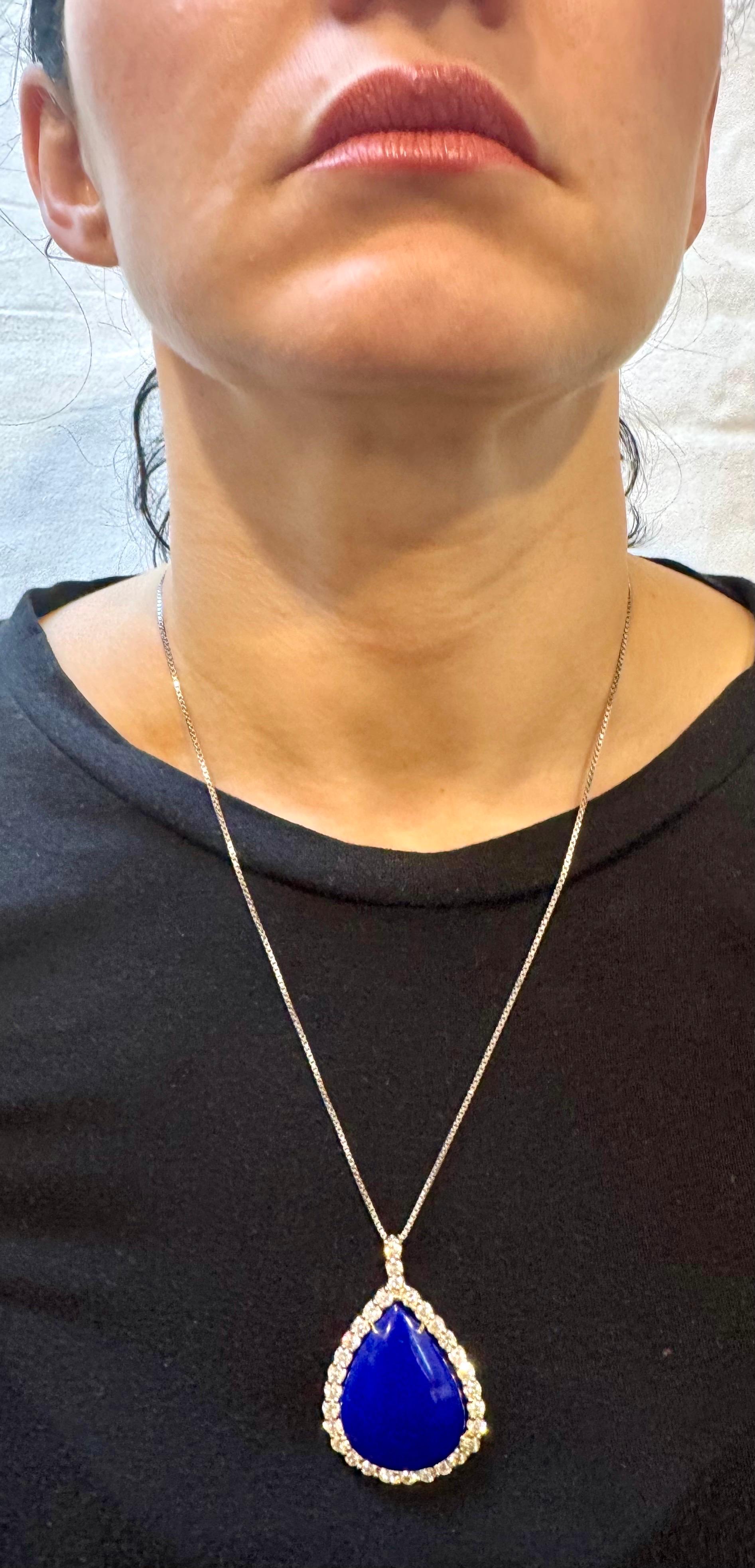 75 Carat Lapis  & 9.5 ct Diamond Pendant Necklace 14 Karat White Gold + Chain For Sale 8