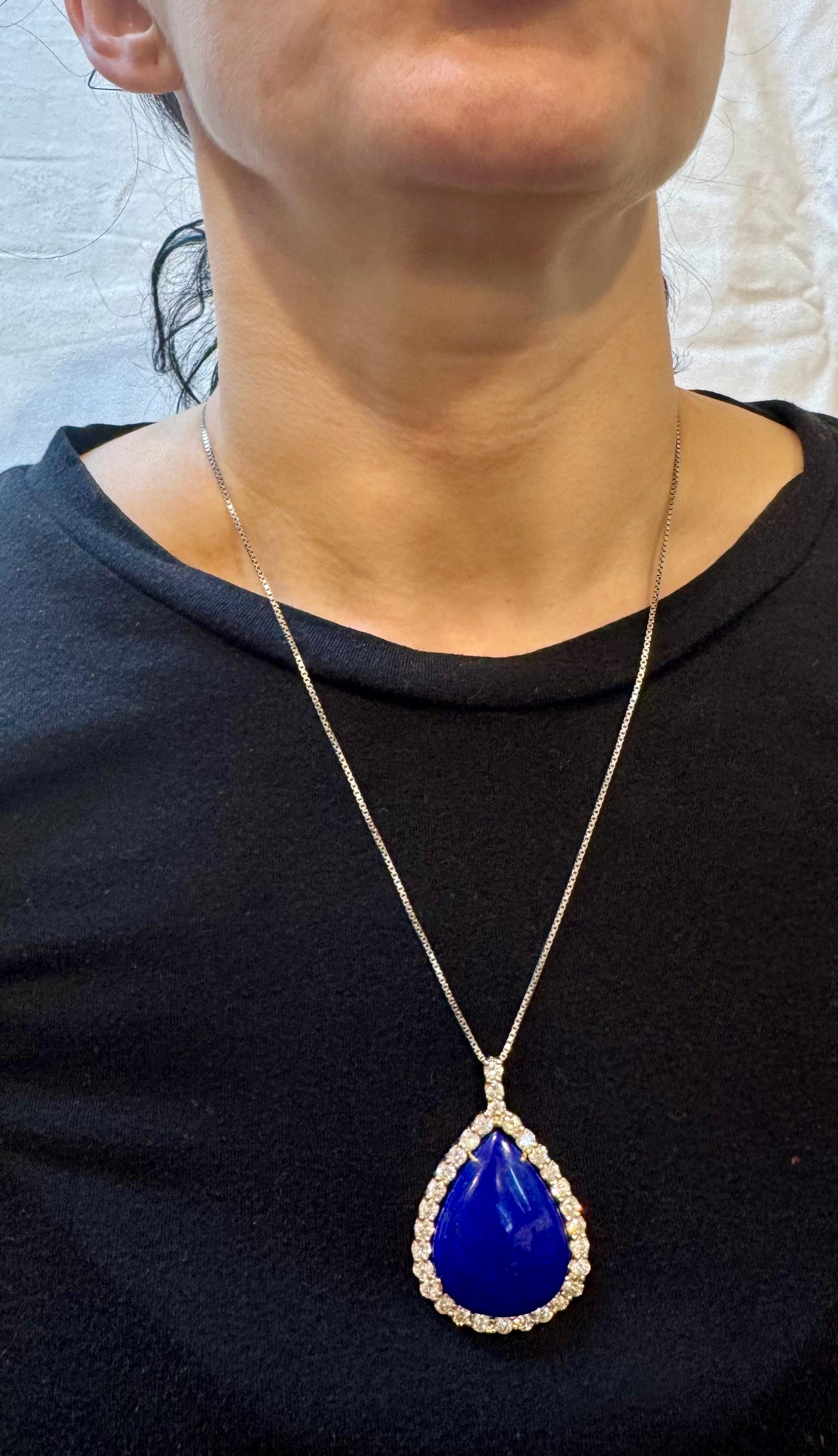 75 Carat Lapis  & 9.5 ct Diamond Pendant Necklace 14 Karat White Gold + Chain For Sale 7