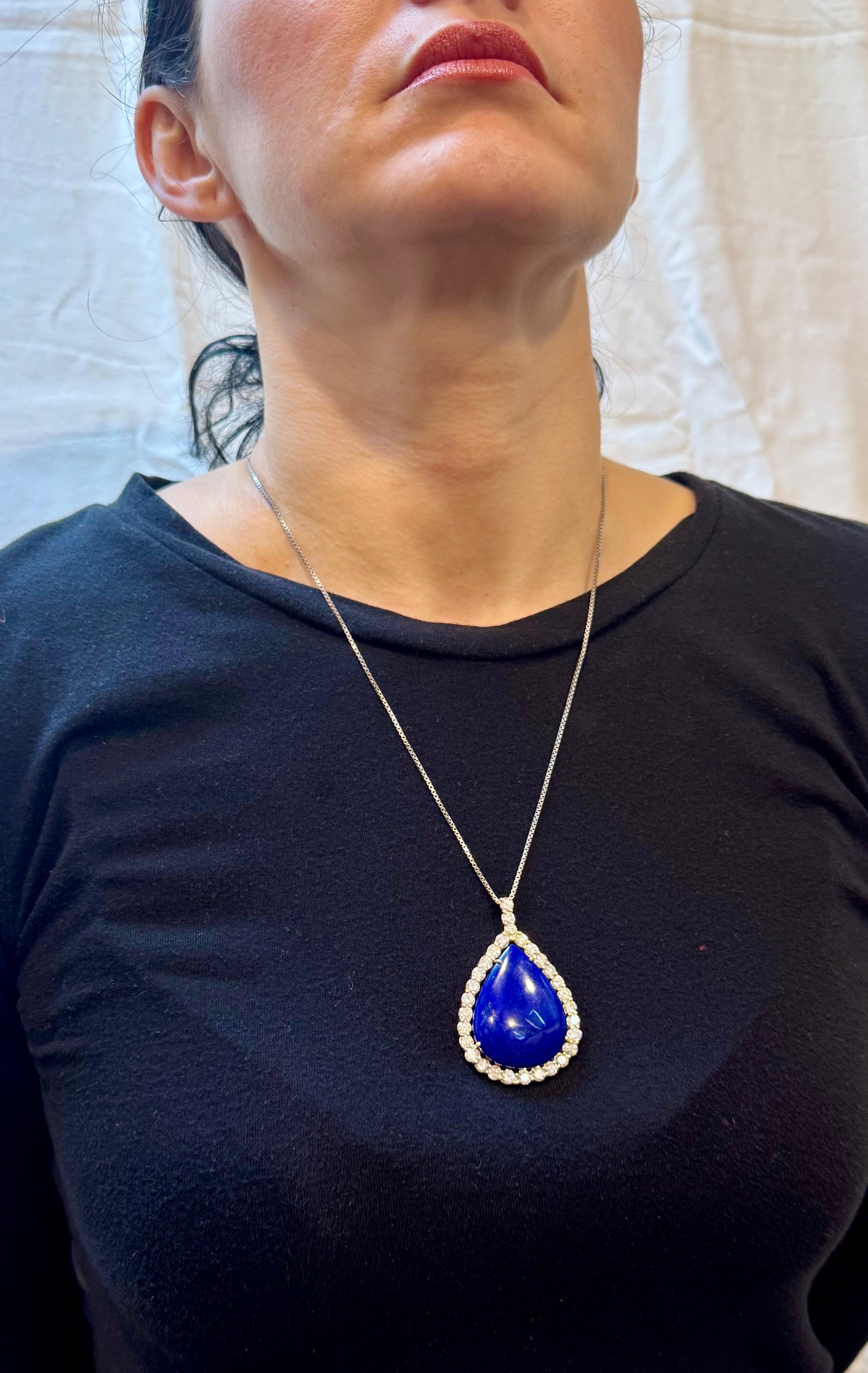 75 Carat Lapis  & 9.5 ct Diamond Pendant Necklace 14 Karat White Gold + Chain For Sale 6