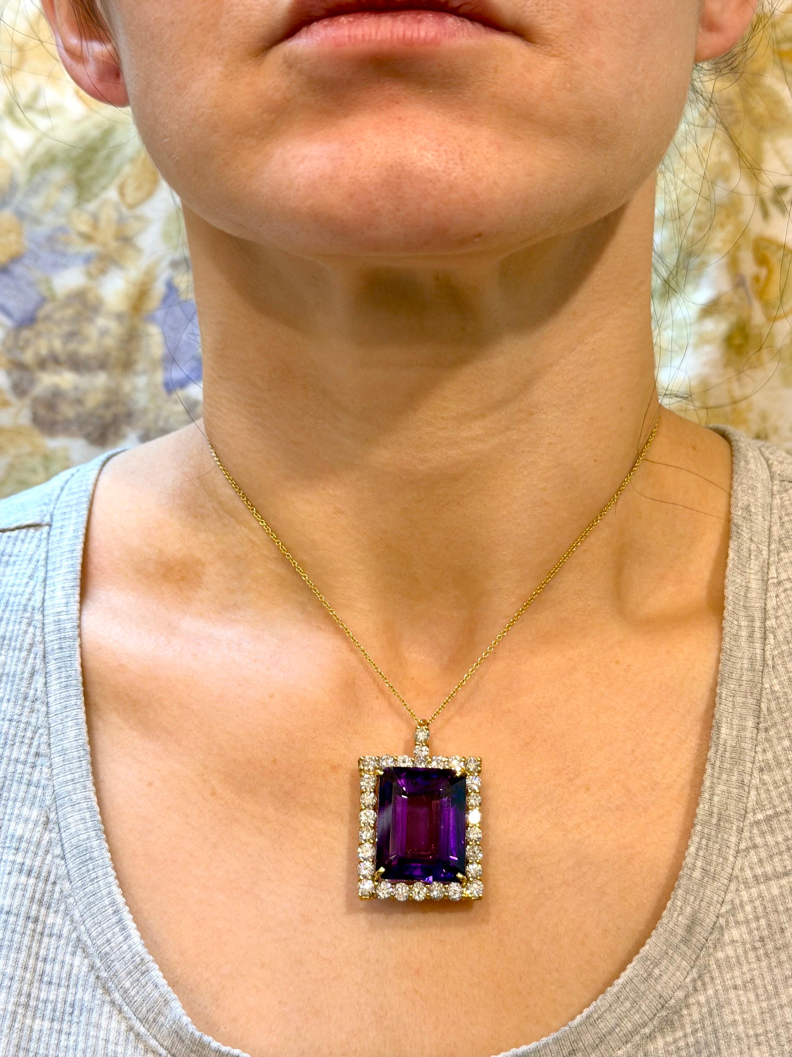 58 Ct Emerald Cut  Collier pendentif améthyste et diamant 7 ct or 14KY + chaîne en vente 12