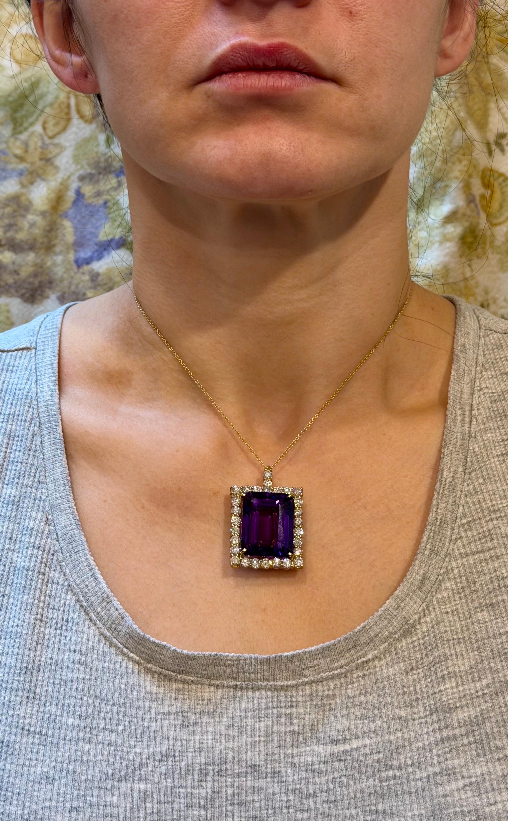 58 Ct Emerald Cut  Collier pendentif améthyste et diamant 7 ct or 14KY + chaîne en vente 13