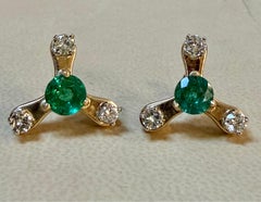 2.0 Carat Round Natural Emerald & Diamond Stud Post Earrings 14 Kt Yellow Gold