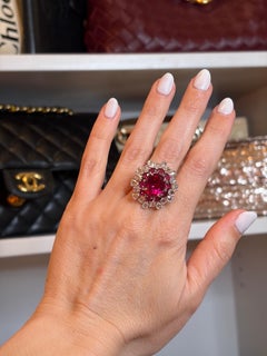 5 Carat Rubelite and 4.5 Carat Diamond 18 Karat White Gold Cocktail Ring Estate