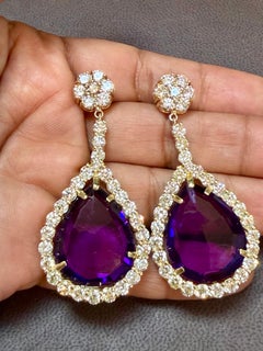38 Carat Natural Amethyst & 9 Ct Diamond Cocktail Earring, 14 Karat Yellow Gold