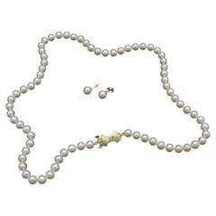 Mikimoto, Blue Lagoon 14K Yellow Gold Akoya Pearl Necklace & Earrings Set in Box