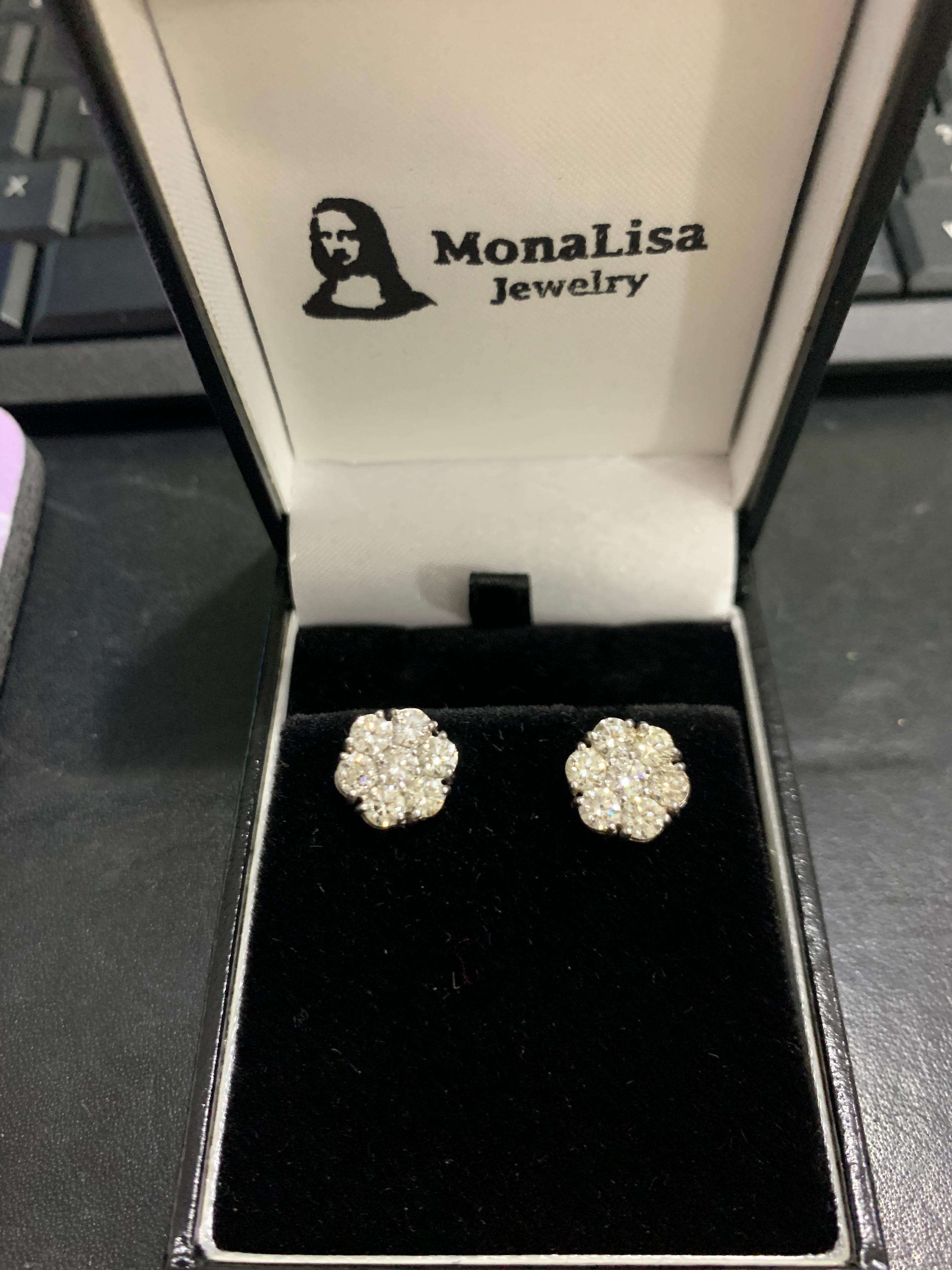 Women's 2.80 Carat, 7 Diamond Floral Cluster Flower Stud Earrings in 14 Karat WhiteGold For Sale