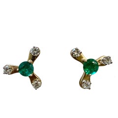 2.0 Carat Round Natural Emerald & Diamond Stud Post Earrings 14 Kt Yellow Gold