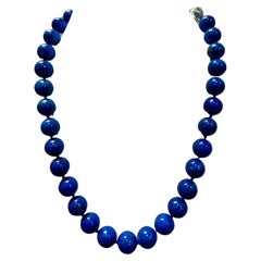 Vintage Lapis Lazuli Single Strand Necklace with  Diamond Clasp 14 Kt White Gold