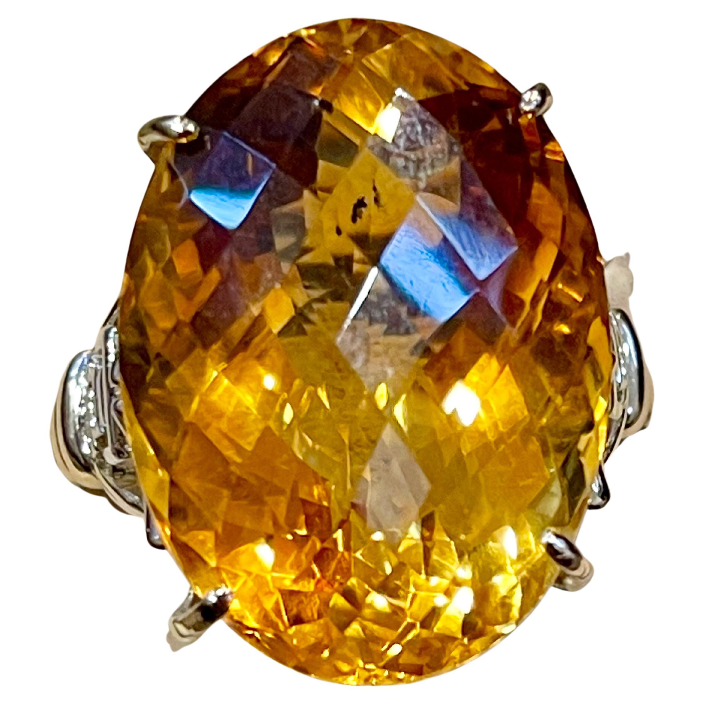 34 Ct Natural Oval Checker Board Citrine Cocktail Ring 14 Kt Yellow Gold, Estate