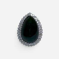 55 Carat Pear Shape Emerald  Cabochon & 5.5 Ct Diamond Ring /Pendant 14 Kt  Gold