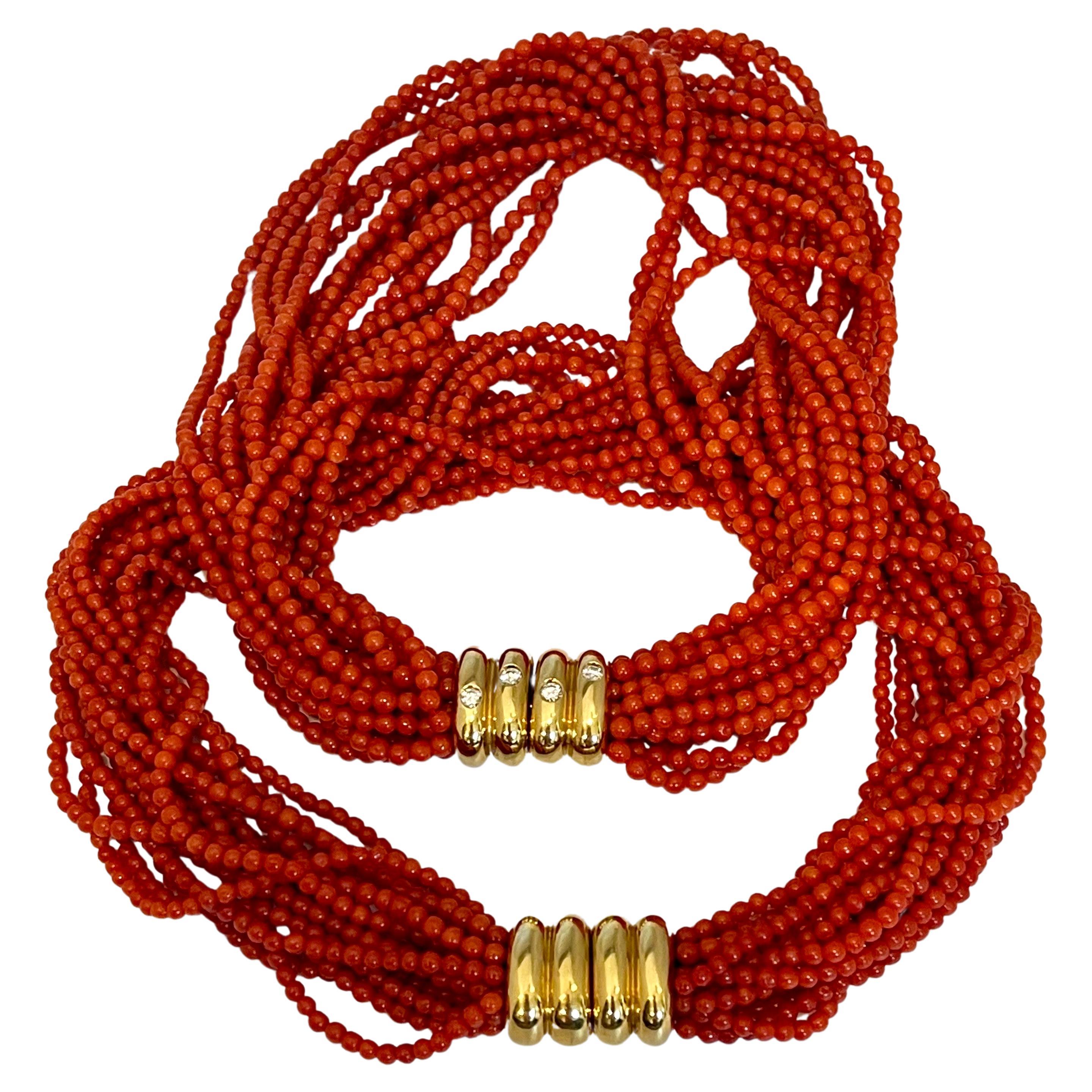Collier deux colliers vintage 16 brins en or 18 carats avec perles de corail naturel multi-couches