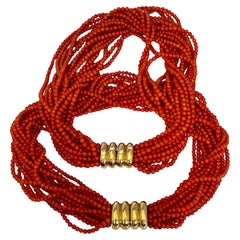 Vintage Natural Coral Multi Layer Beads 16 Strand Two Necklaces 18 KY Gold