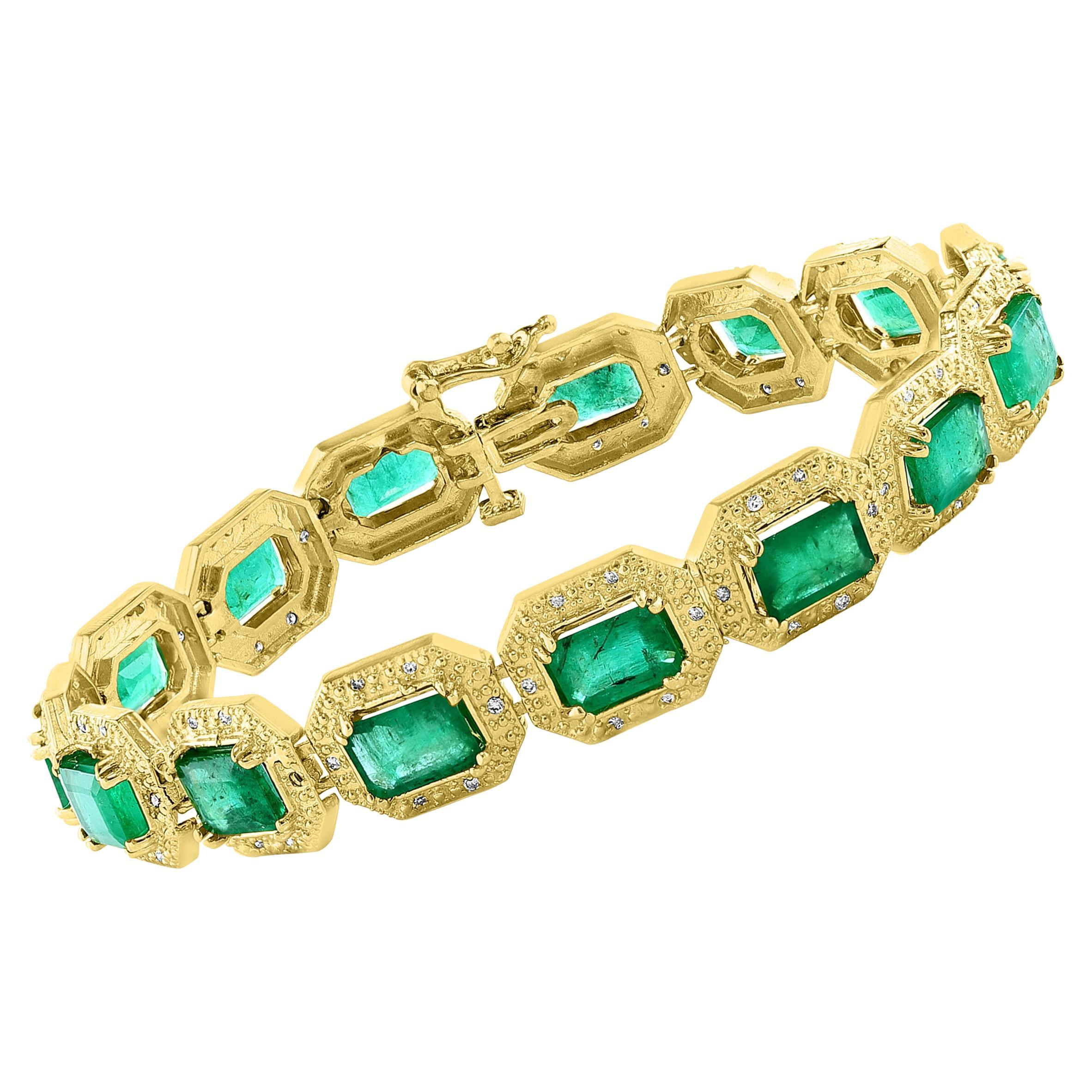 18 Carat Emerald Cut Emerald and Diamond Tennis Bracelet 14 Karat Yellow Gold For Sale