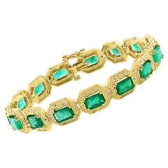 18 Carat Emerald Cut Emerald and Diamond Tennis Bracelet 14 Karat Yellow Gold