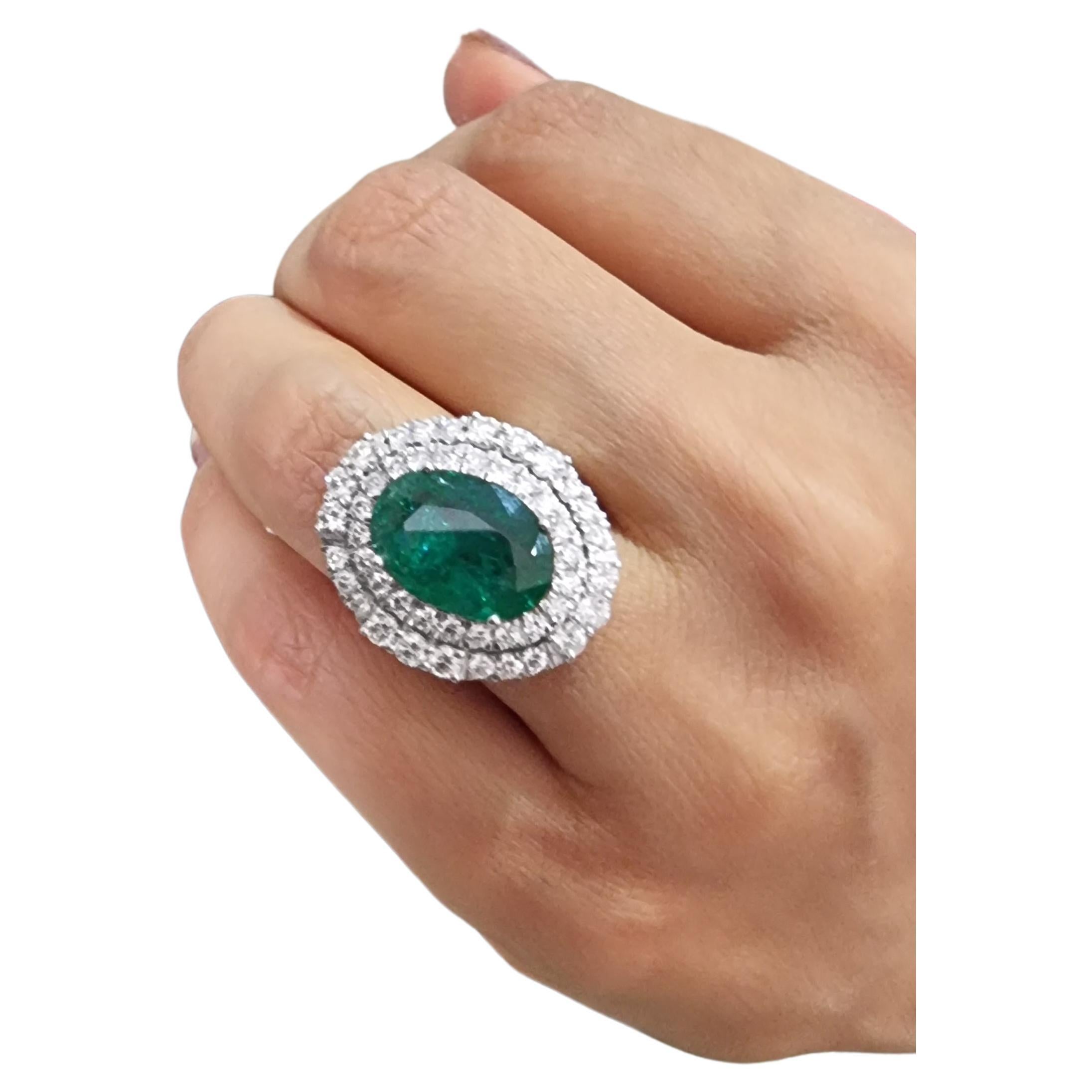 5.97 carats Natural Zambian Emerald Ring with 2.74 carats Diamonds and 14k Gold For Sale