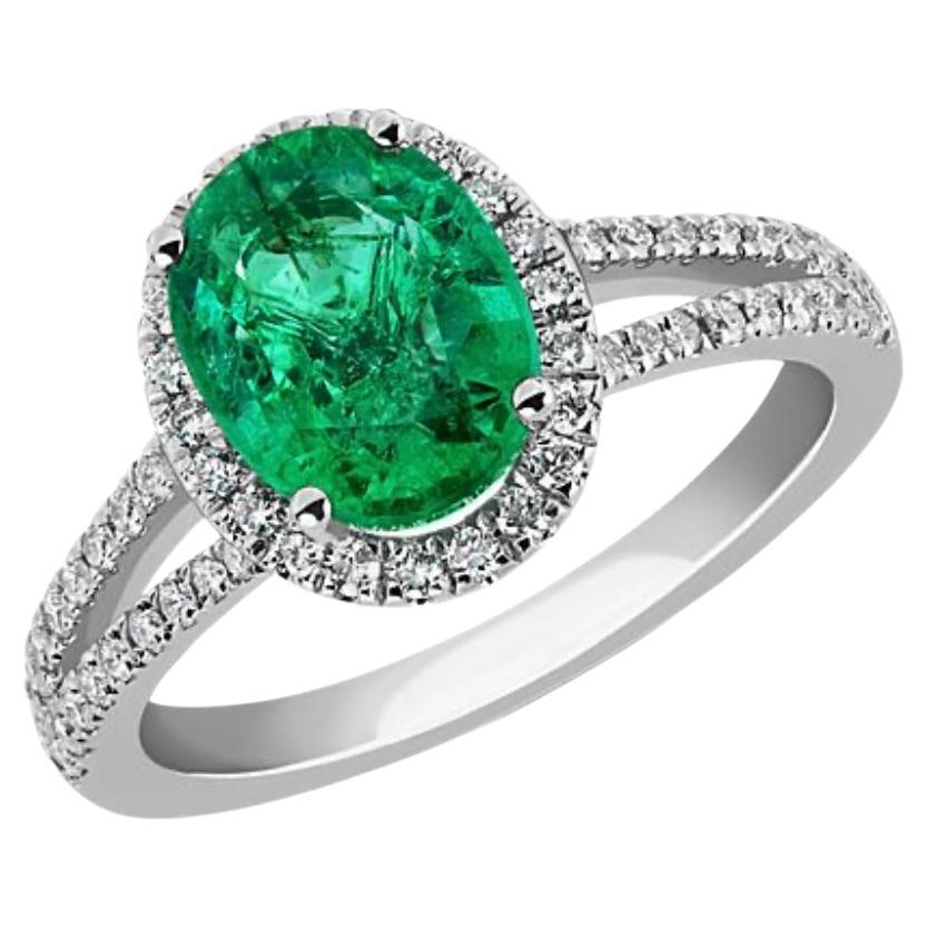 2.5 Carat Oval Natural Zambian Emerald & 2 ct Diamond Ring 14 Karat White Gold For Sale