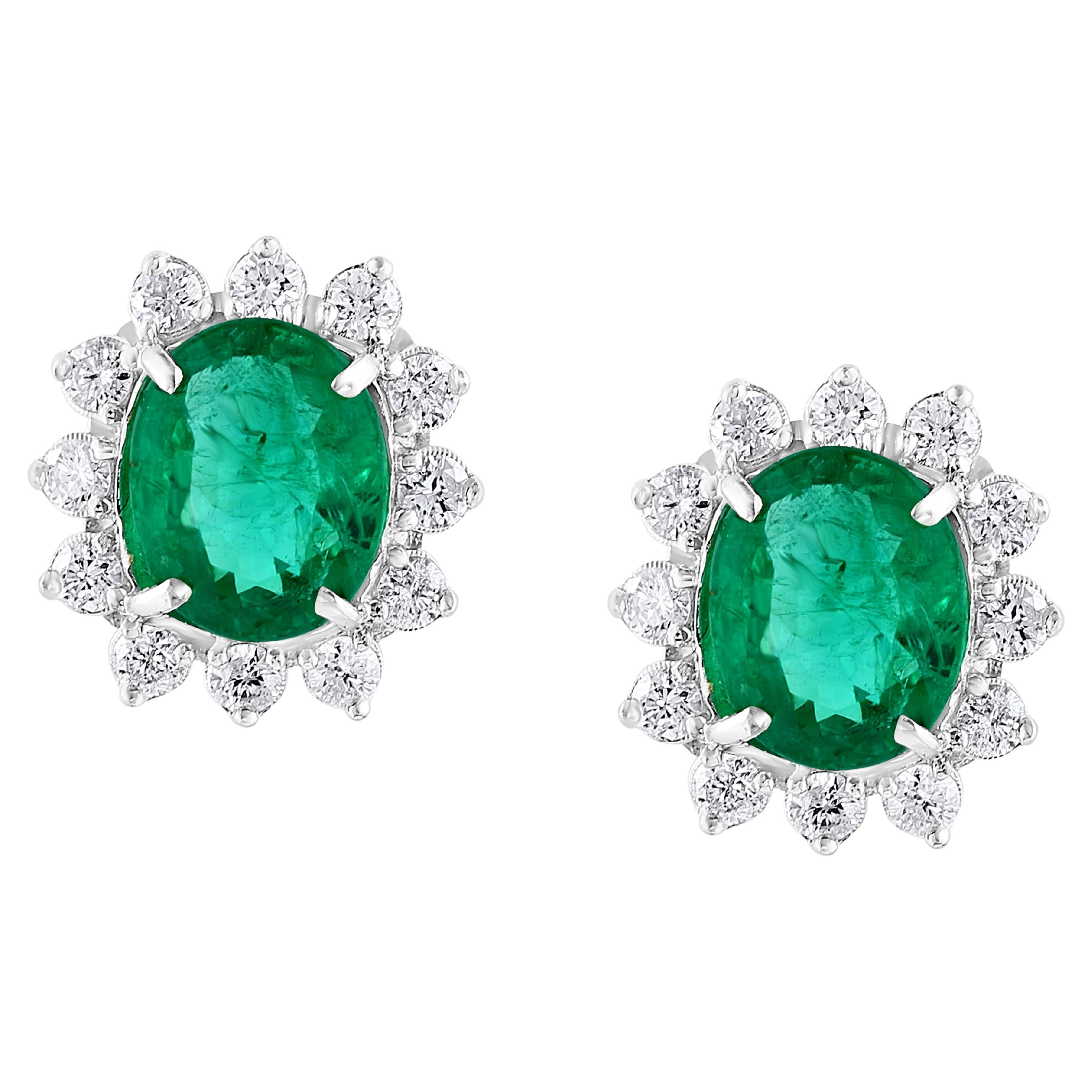 8 Ct Oval Colombian Emerald & 2.5 Ct Diamond Post Back Earrings 18 Kt White Gold