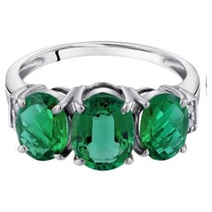 4.5 Ct Emerald Three-Stone Ring Past Present Future Diamond Band Platinum