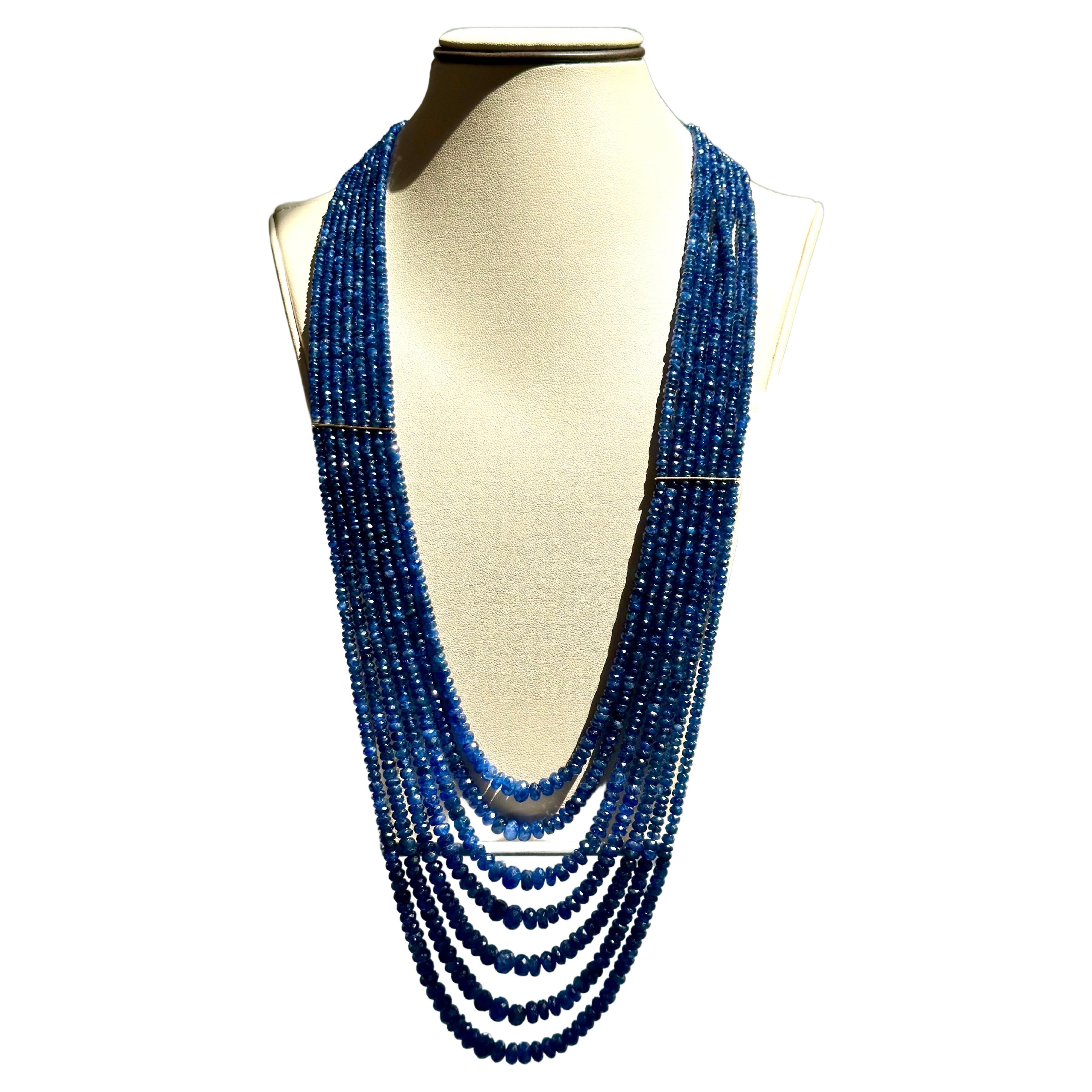 760 Carat Natural Sapphire Bead Seven Strand Necklace  14K Gold With Spacer 28" For Sale